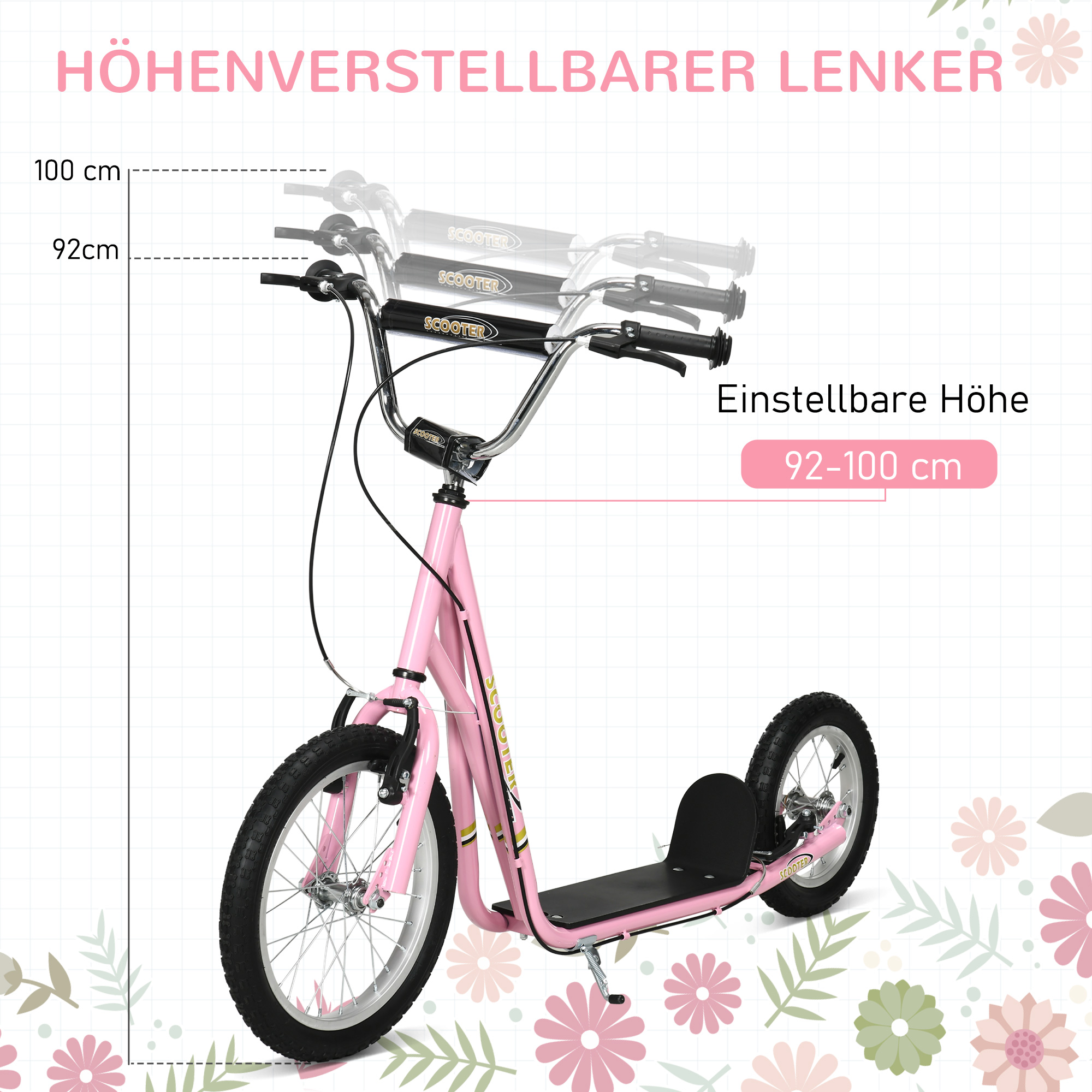 Roller Kinderroller mit Luftreifen Handbremse, 16 Zoll Tretroller Höhenverstellbar Kickscooter für Jungen und Mädchen ab 5 Jahre Kickboard Cityroller Kinder Scooter Rosa
