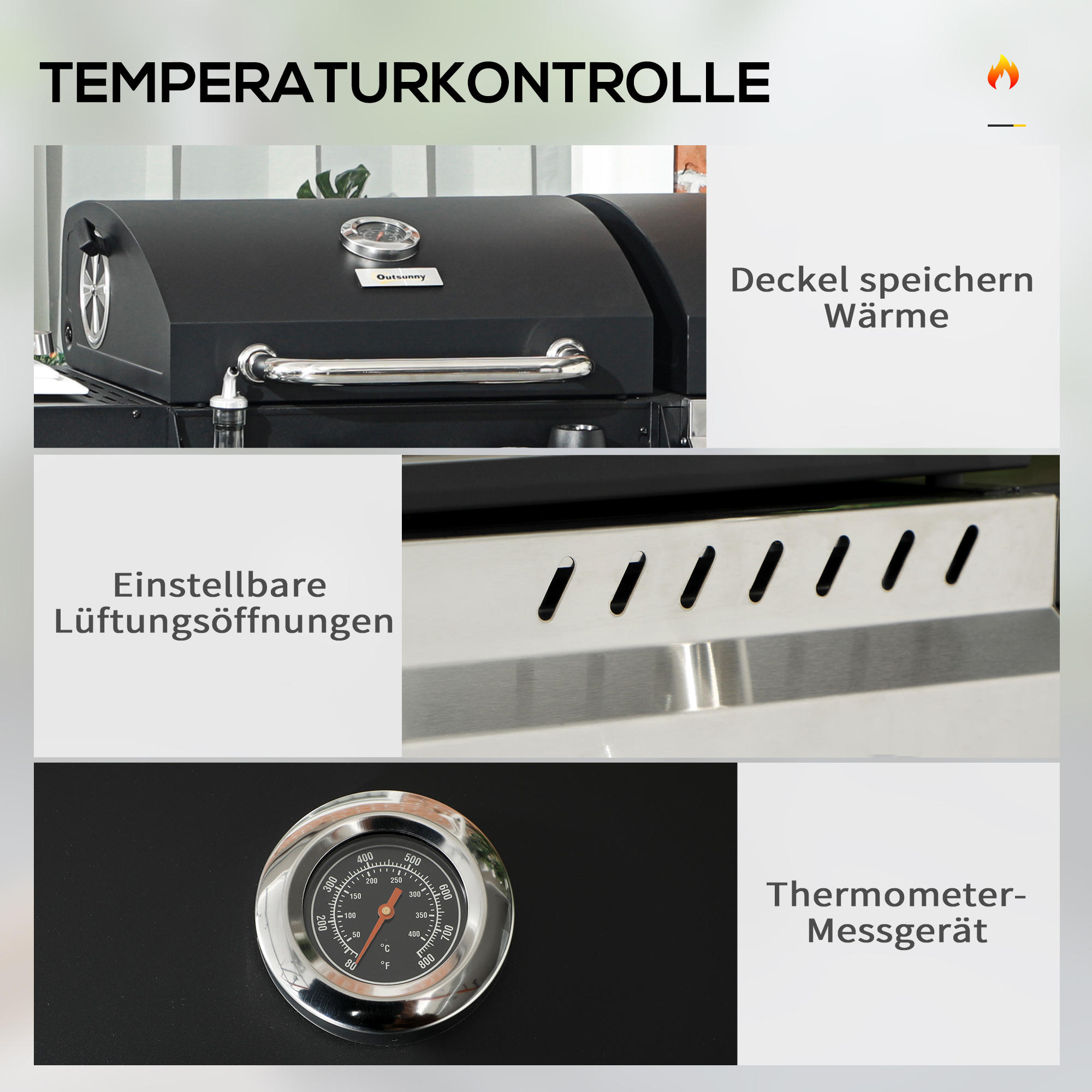 Gasgrill BBQ-Grill, inkl. Thermometer, Warmhalteplatten, 161 x 54 x 103 cm, Schwarz + Silber
