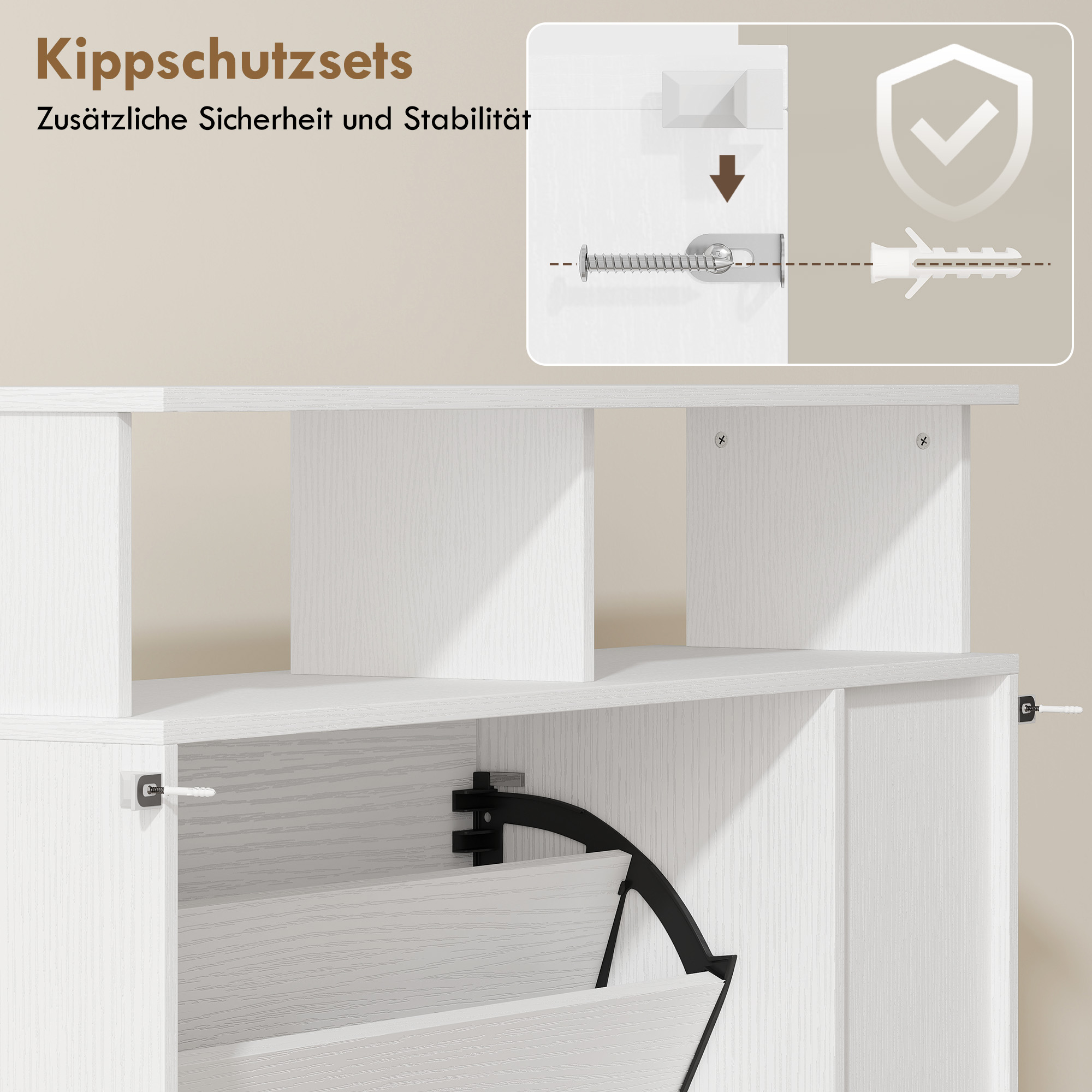 Schuhschrank mit 2 Klappen Schuhkipper mit Verstellbar Trennwand, offenem Fach für 12 Paar Schuhe 89 x 25 x 92 cm Weiß