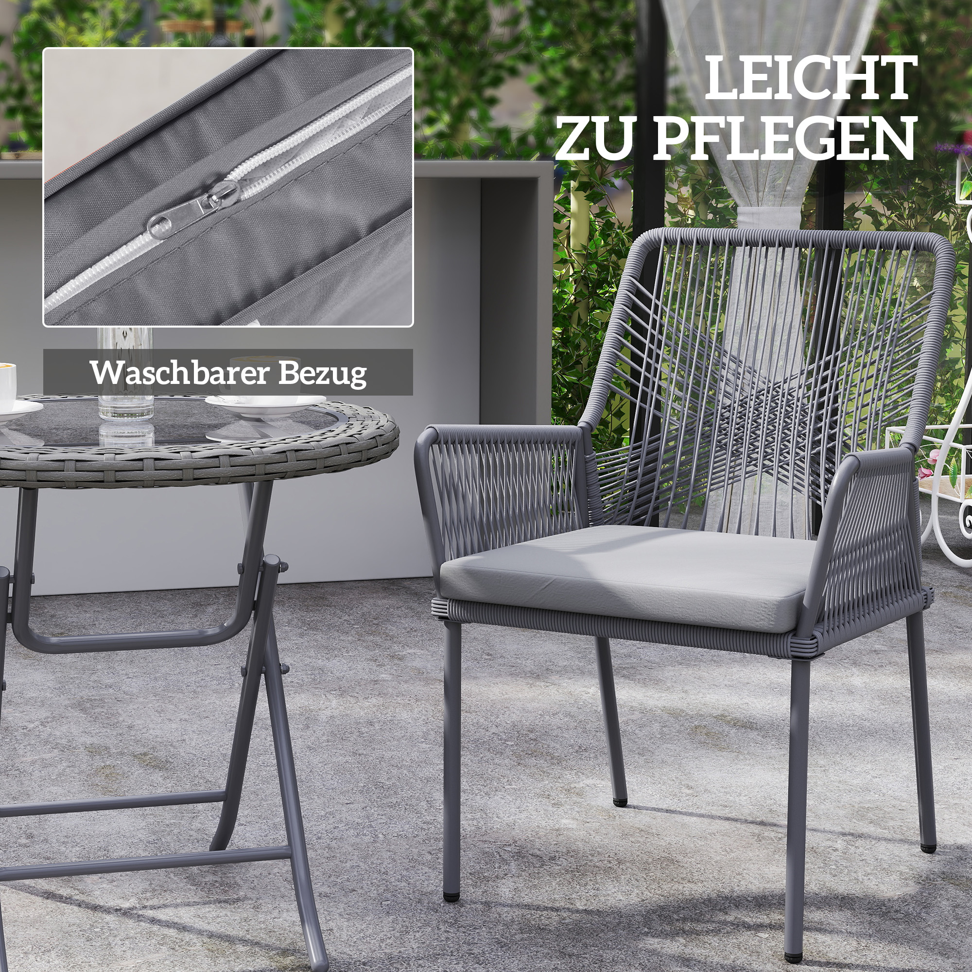 2er-Set Gartenstühle, Terrassenstühle, waschbare Kissen, Rückenlehne, Armlehnen, Stahl, Rattan, Dunkelgrau