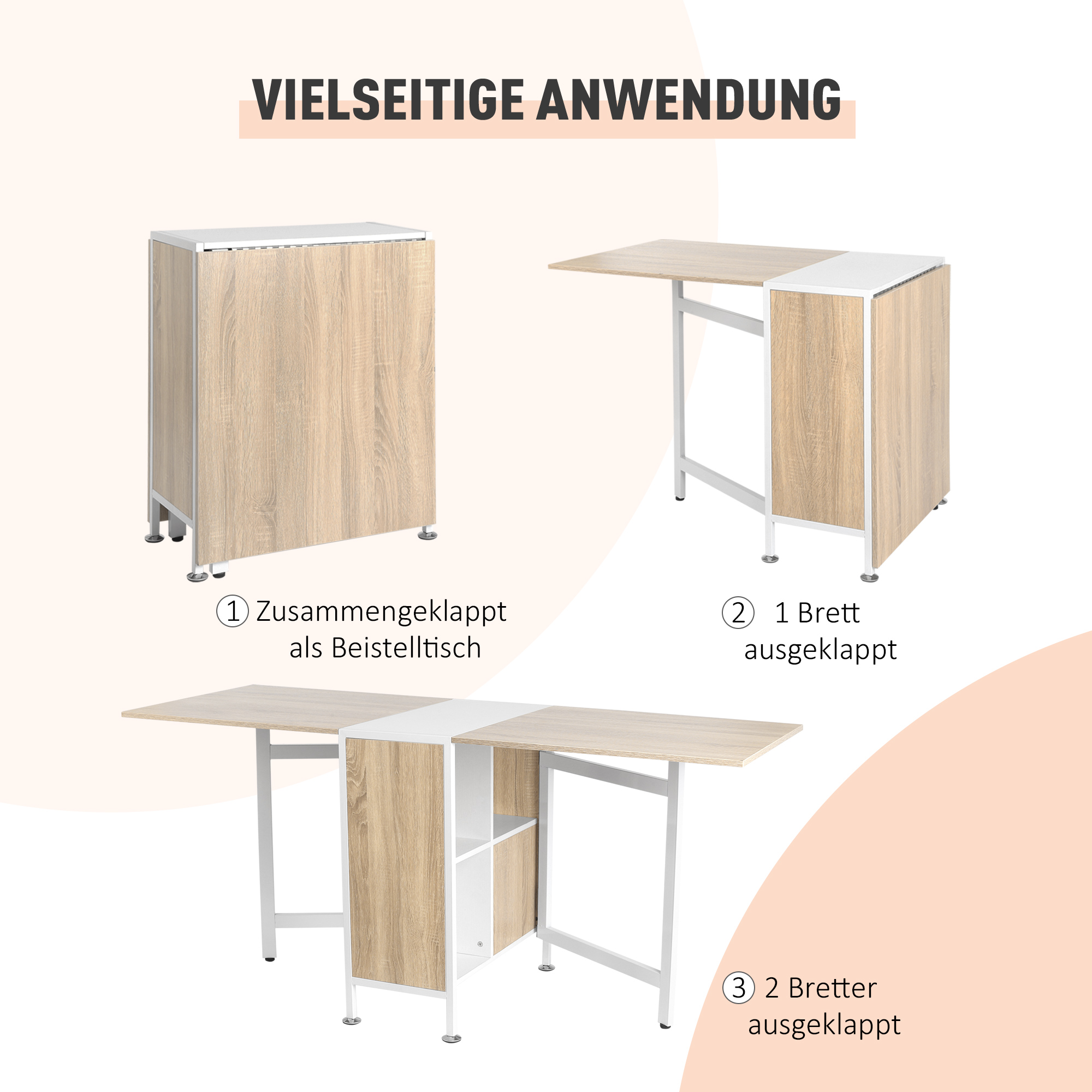 Klapptisch Esstisch Beistelltische Ablagefläche für Wohnzimmer Küche Eiche Holz Metallrahmen Natur+Weiß 169 x 60 x 75 cm