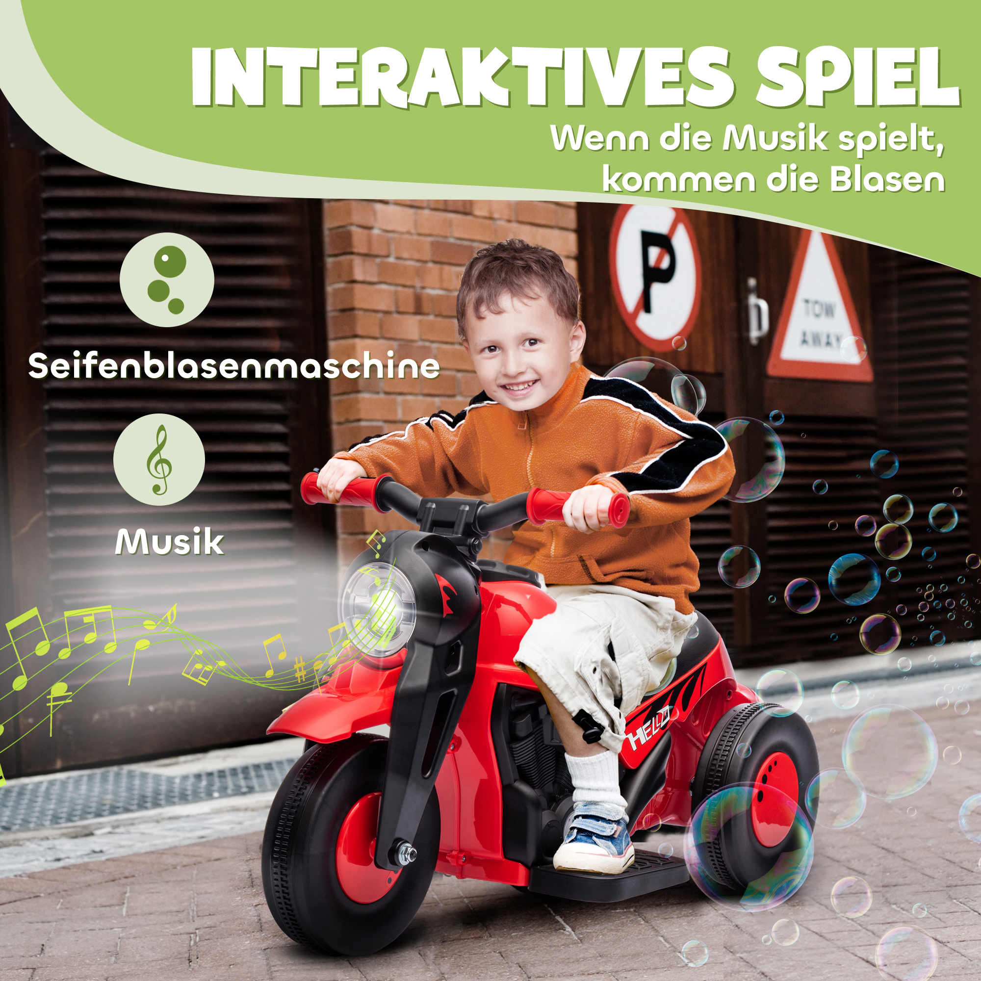 Elektro Kindermotorrad, 6V Kindermotorrad mit Musik, Blasen 2,5-3 km/h, für 2-5 Jahre Kinder