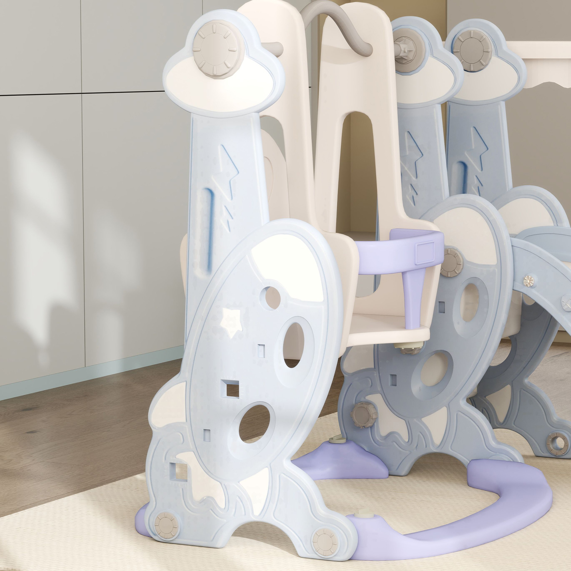 4-in-1 Indoor-Spielplatz, Rutsch- und Schaukelset für Kleinkinder, Basketballkorb, Raketendesign, Kunststoff, Hellblau