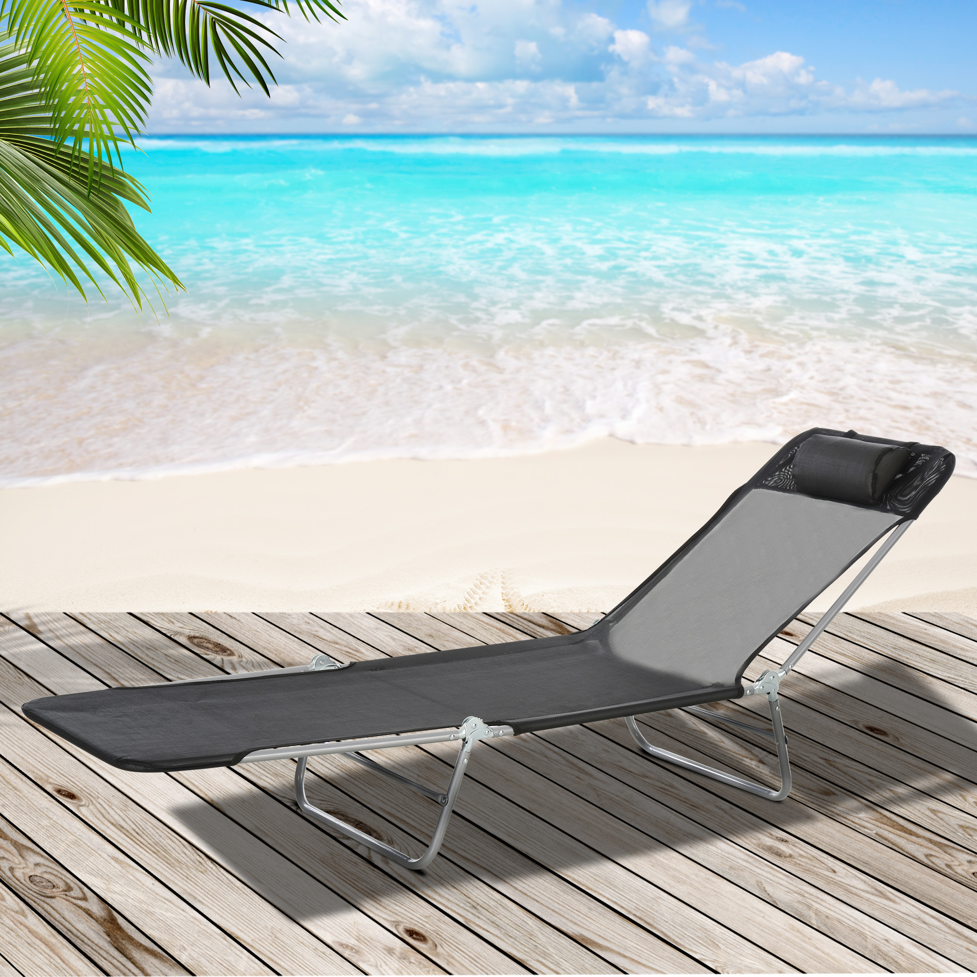 Sonnenliege klappbar Gartenliege mit Kopfkissen Liegestuhl verstellbar mit 5-Fach Campingliege bis 120kg belastbar für Garten, Balkon und Pool geeignet, 4 Farben(Schwarz)
