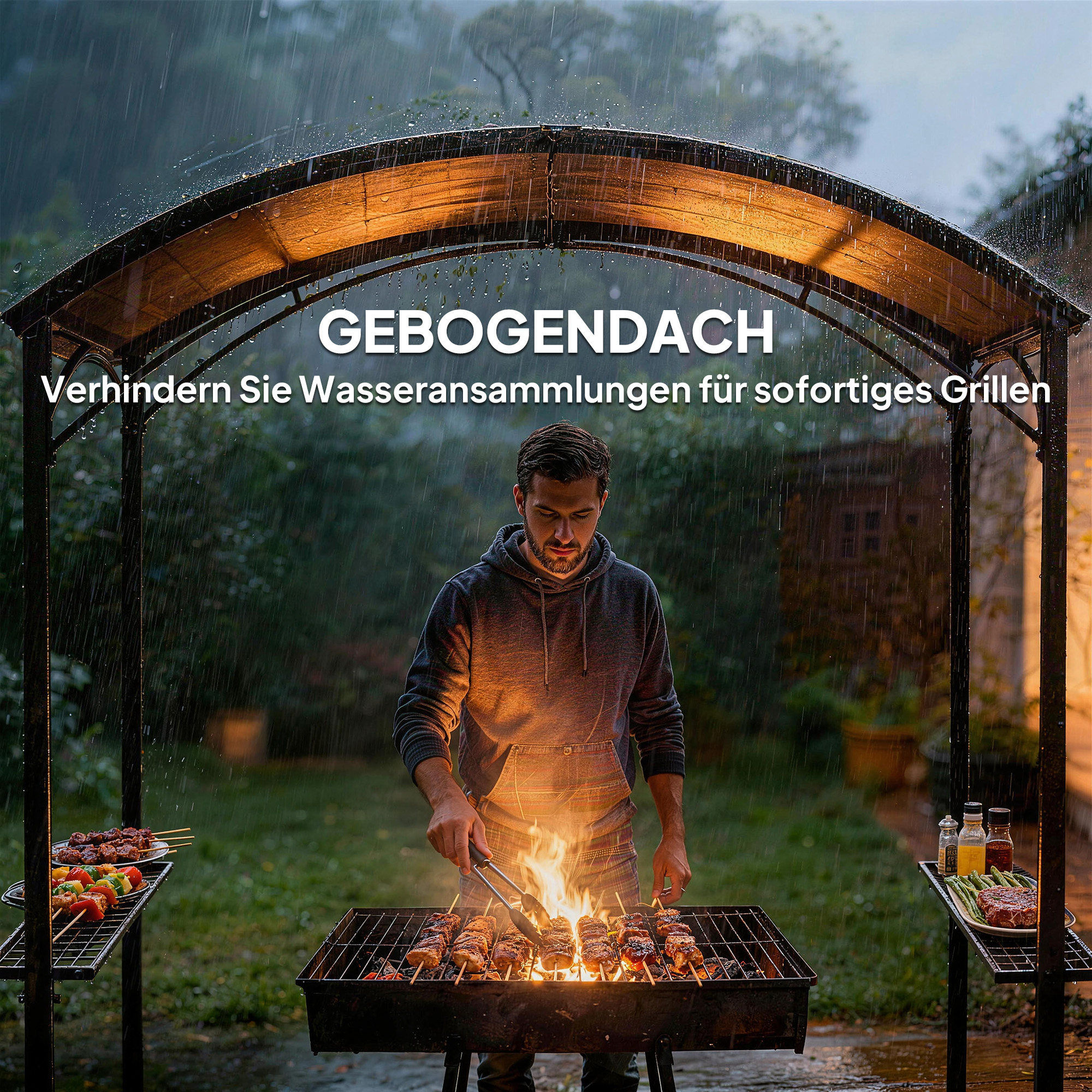 Grillpavillon 2,4 x 1,5 m flammhemmend Gartenpavillon mit Bogendach Seitenregale Haken Dunkelgrau