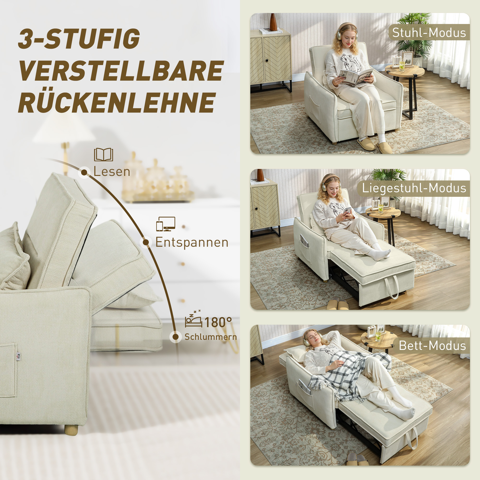 Schlafsessel 3 in 1 Umwandelbarer Sessel mit Bettfunktion, Lendenkissen, für Wohnzimmer Creme