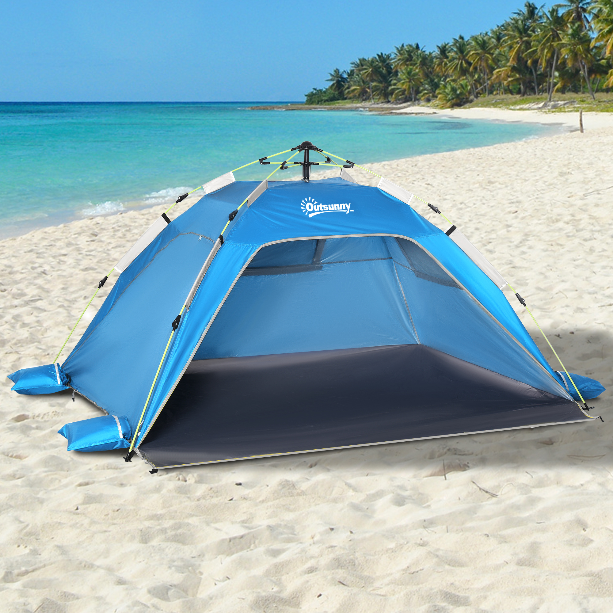 Pop-up-Strandzelt, Fiberglasrahmen, 4 Taschen, Netzfenster, flexibel, Blau