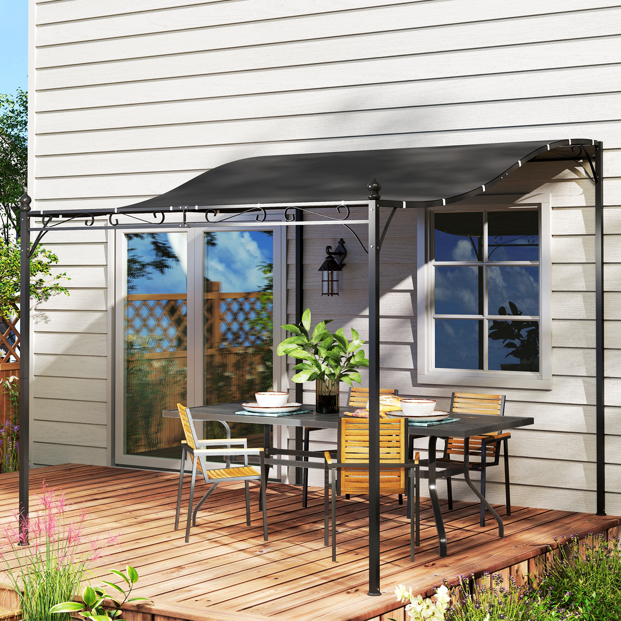 2,5 x 3 m Pergola, Wandmontierter Garten-Pavillon, wasserbeständig, Metallrahmen, Ablauflöcher, Schattendach, Dunkelgrau