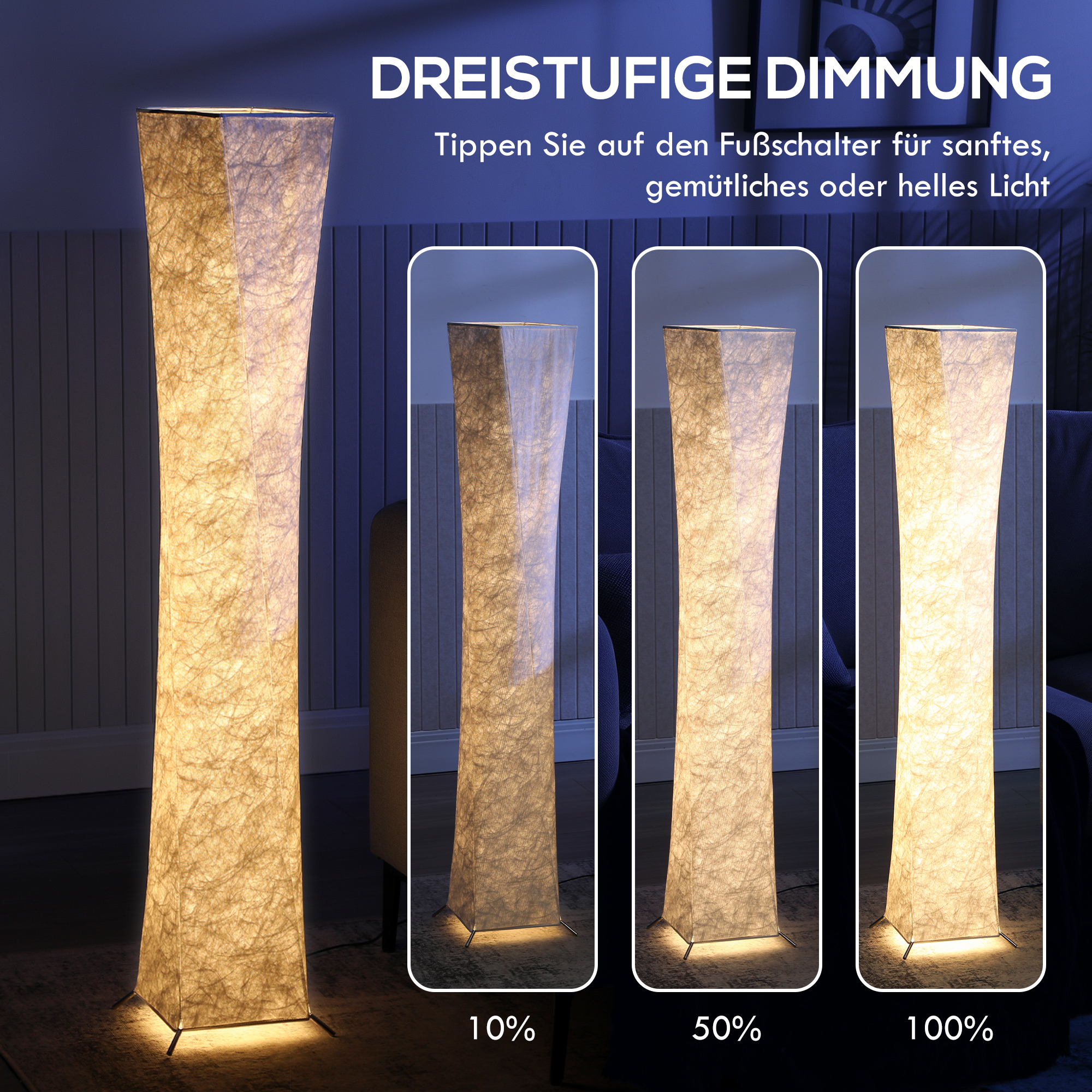 Stehlampe mit Papierschirm, Fußschalter, 3 Helligkeitsstufen, Weiß