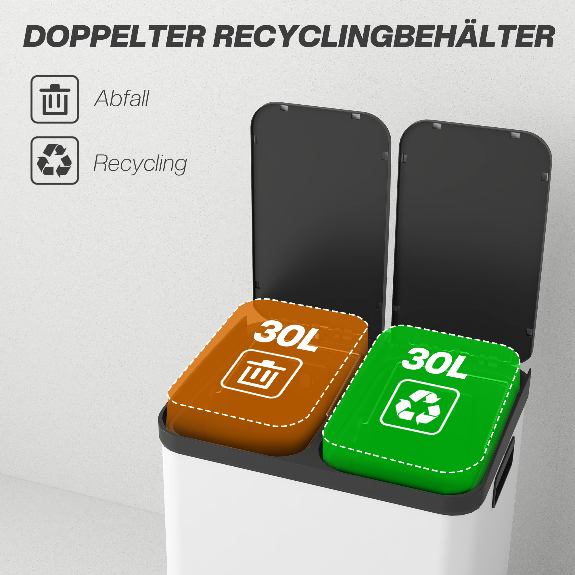 Doppelfach-Mülleimer, 2 x 30l, fingerabdruckresistent, Pedal, herausnehmbare Inneneimer, Grau