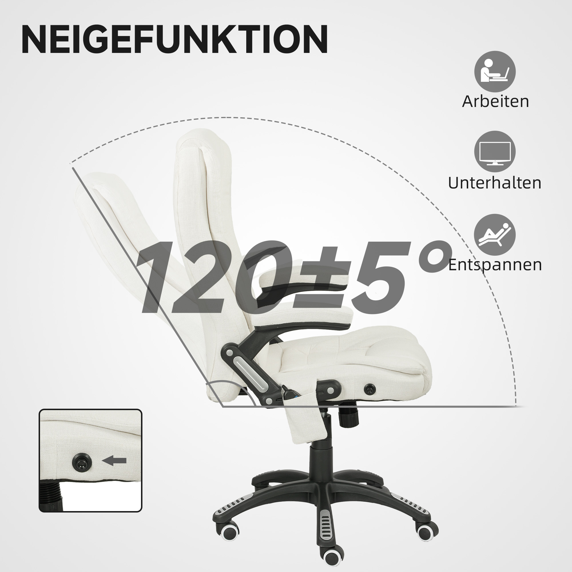 ergonomischer Schreibtischstuhl mit Massagefunktion, 68 x 72 x 110–120 cm, Cremeweiß