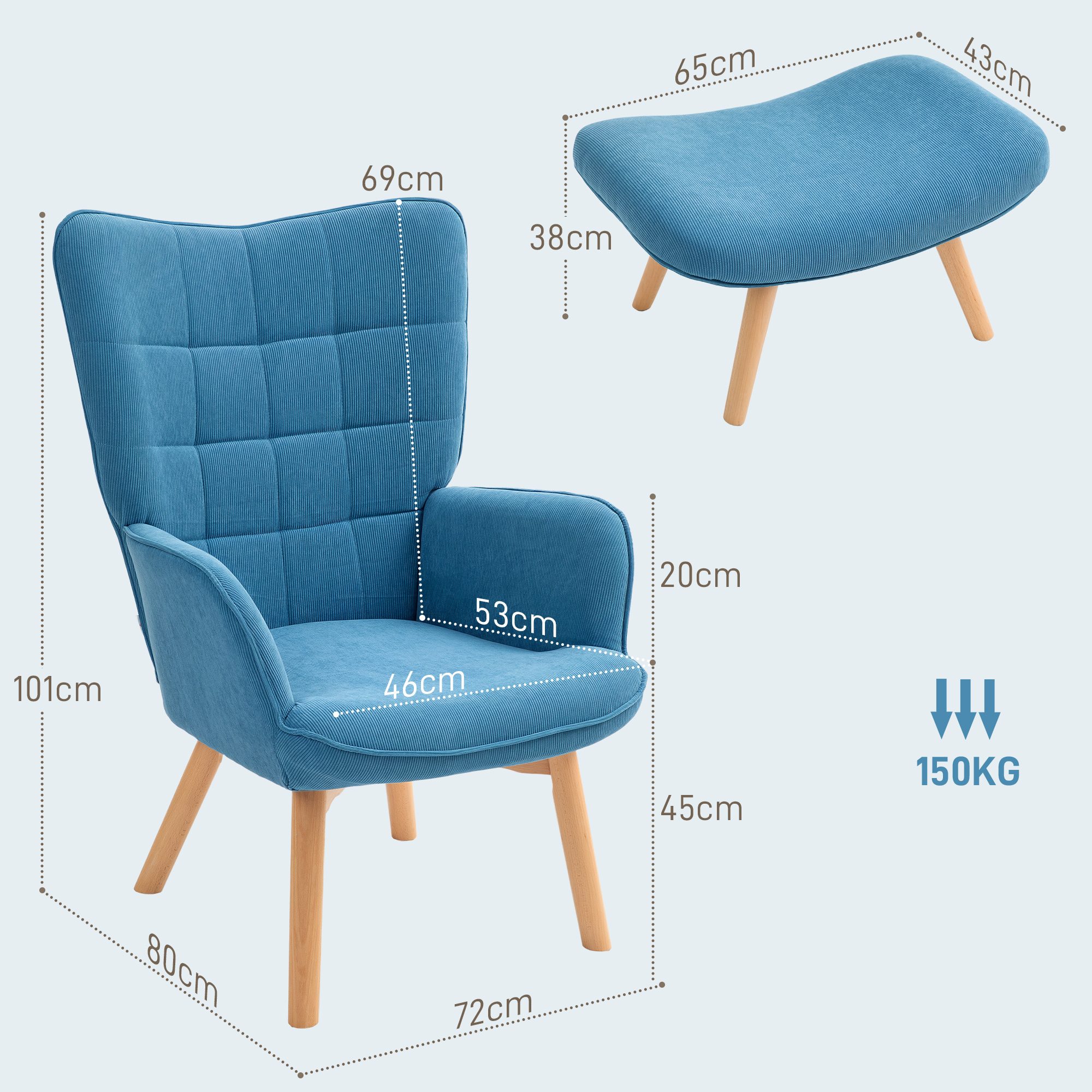 Akzentsessel mit Hocker, Relaxsessel in Cord-Optik, Armlehnstuhl mit Holzbeinen, für Wohnzimmer, Blau
