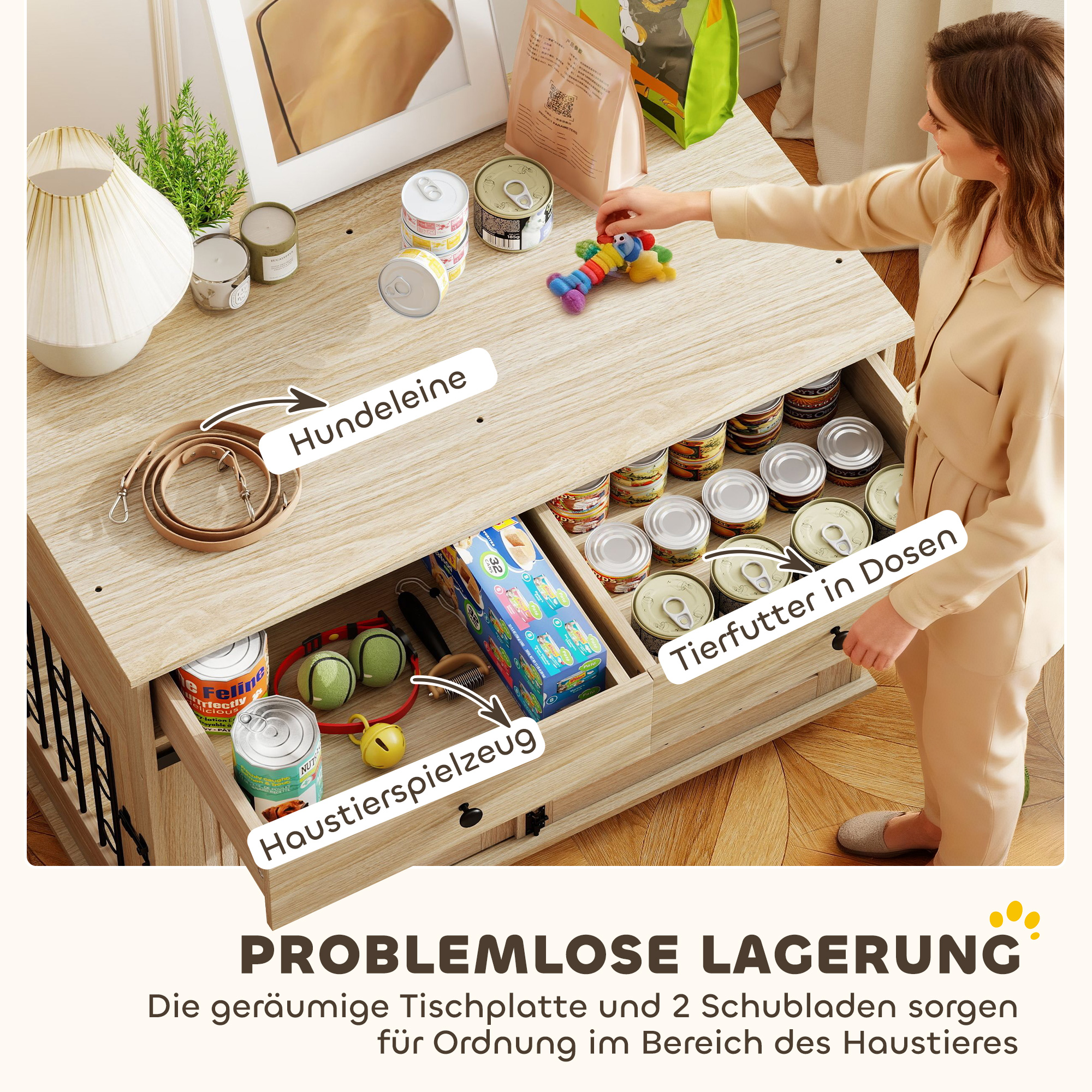Hundebox auf Rädern, 2 Türen, 2 Schubladen, für mittlere und große Hunde, Holz, Stahl