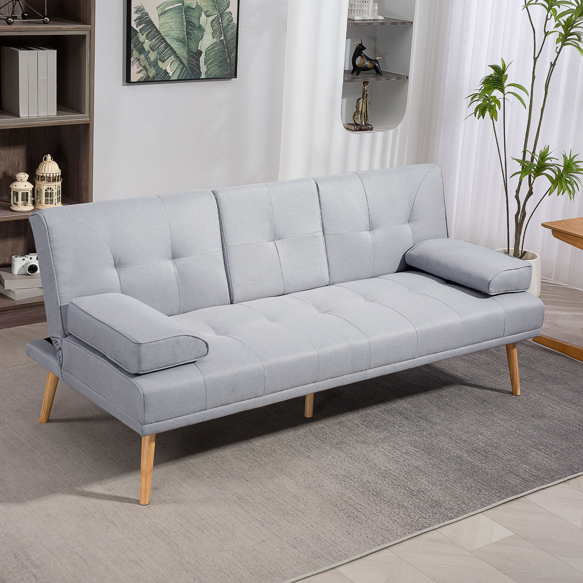 Schlafsofa, 3-Sitzer Sofa, Schlafcouch mit Klappbarem Tisch, Becherhalter, Bettsofa mit Leinenoptik, Couch Gästebet für Wohnzimmer, Hellgrau