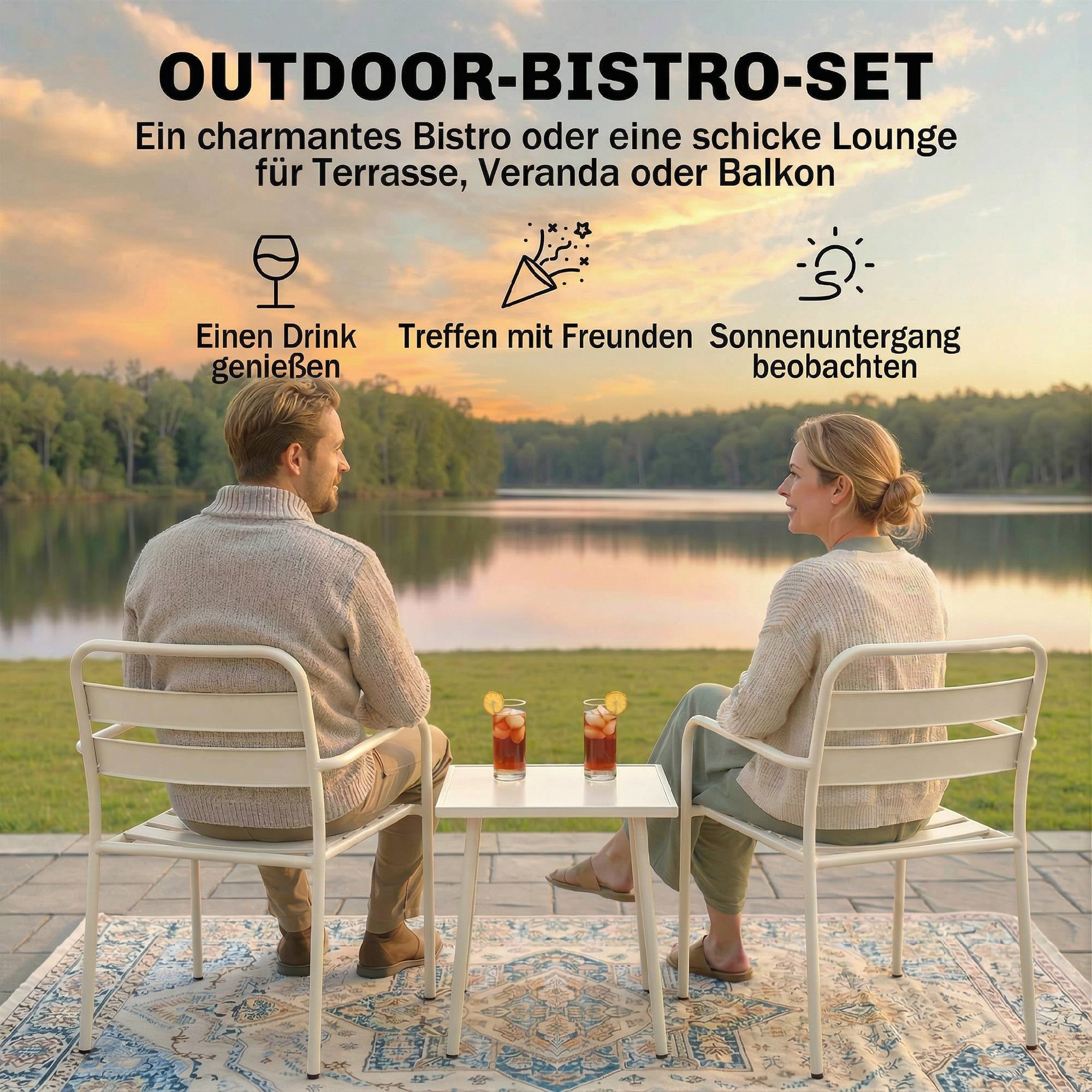 Bistroset 3 teiliges Metall Gartenmöbel-Set mit 2 Gartenstühlen, Glastisch, Lamellen-Design, Rostbeständig