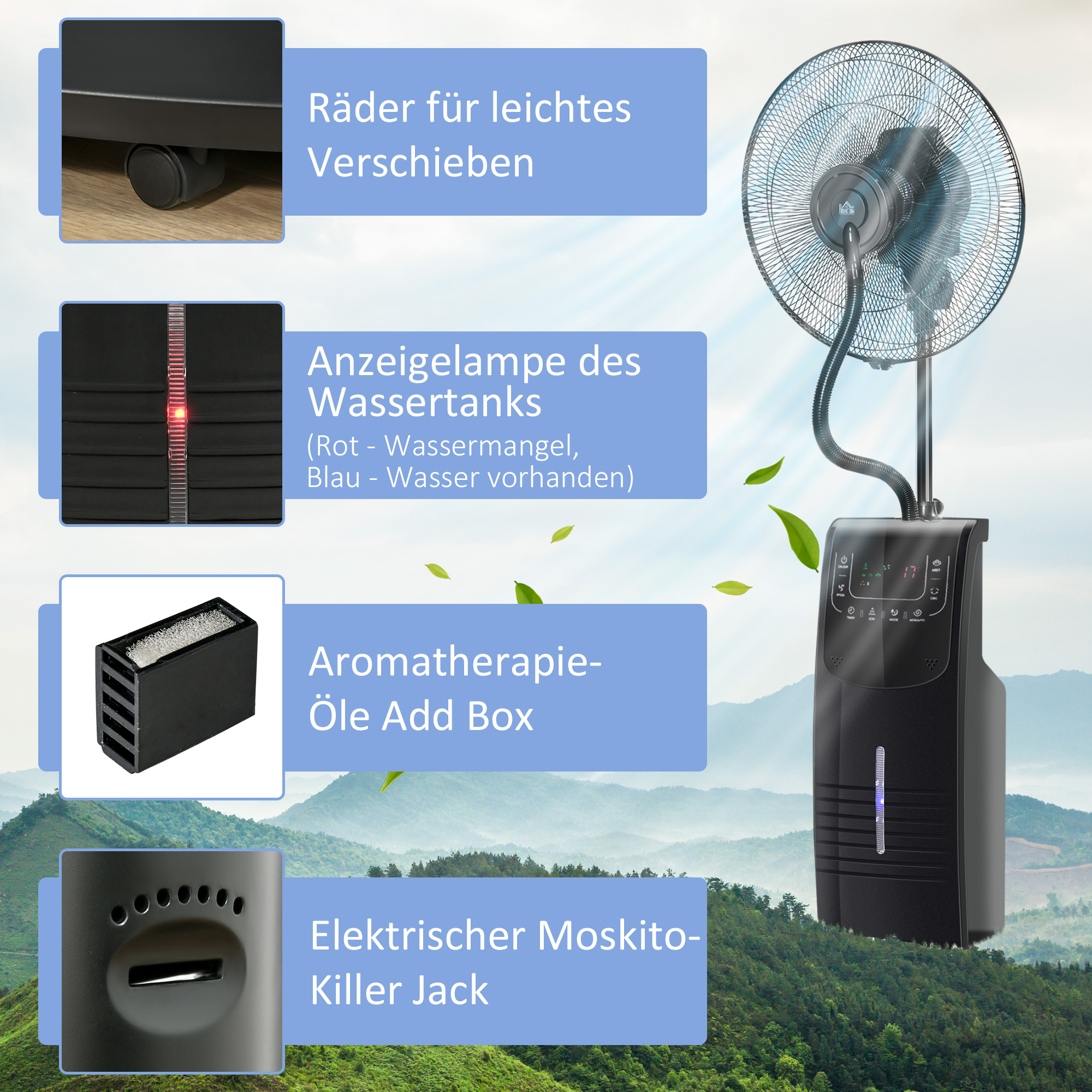 Ventilator mit Wasserkühlung, Standventilator mit Sprühnebel, Fernbedienung, oszillierend, Timer, 3,1 L Wassertank, 3 Modi, 90 W Wasserventilator mit Rollen, 135 cm