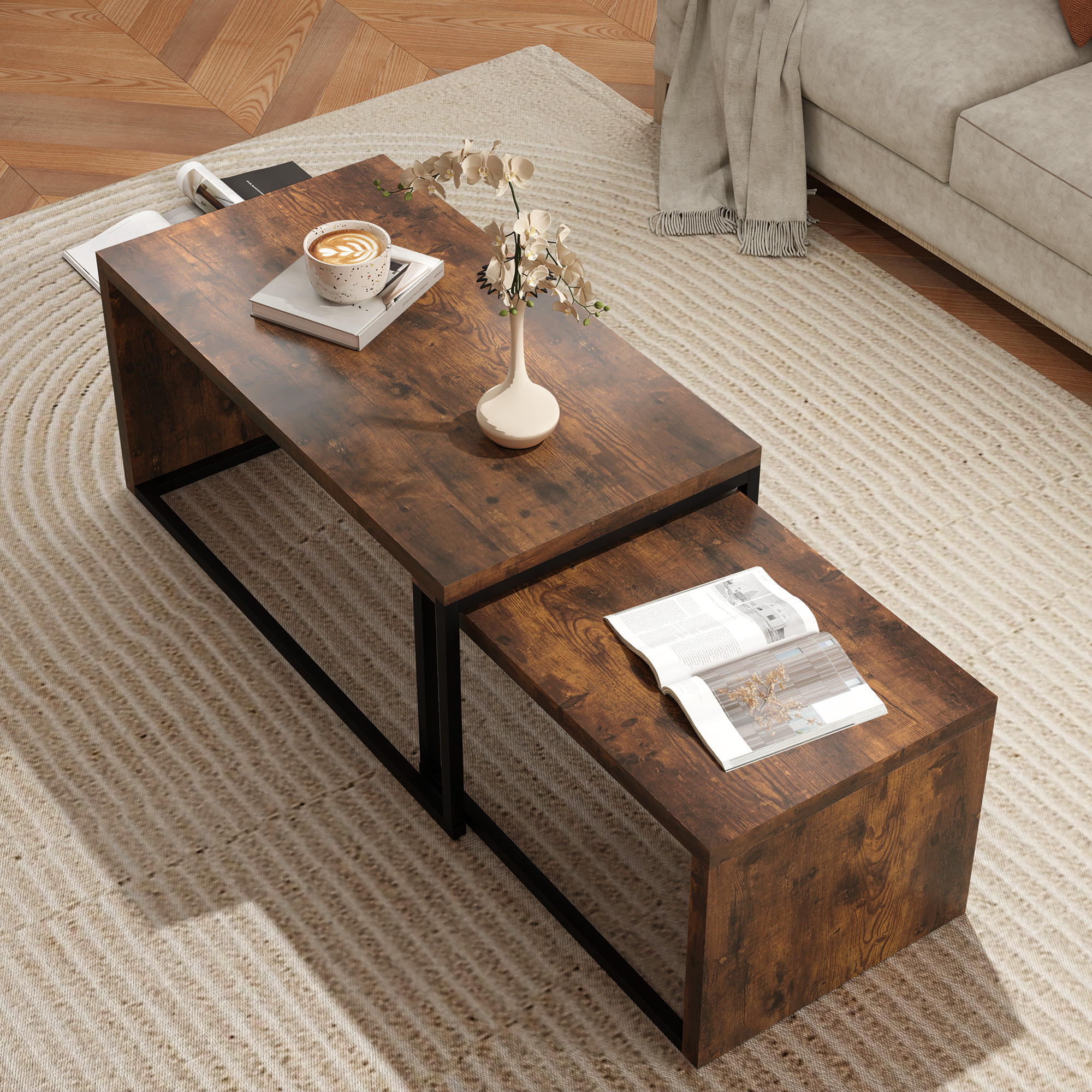 2er-Set Couchtisch, Sofatisch, Beistelltisch, Spanplatte, Metall, 90 x 48 x 42 cm/59 x 42 x 36 cm, Schwarz+Braun