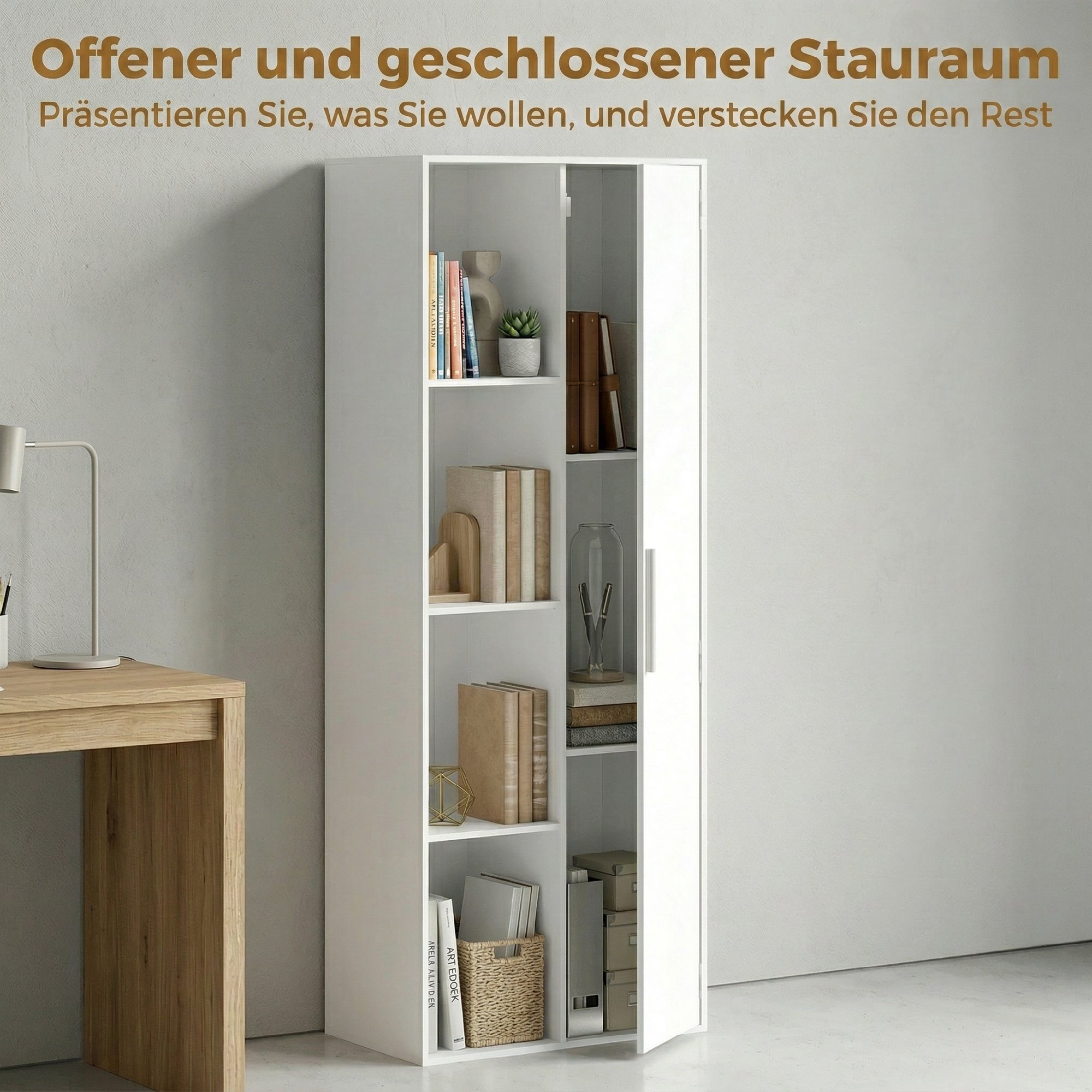 4-stöckiges Bücherregal mit verstellbaren Regalböden, Regal mit Schrank und Türen für Wohnzimmer, Arbeitszimmer, Weiß