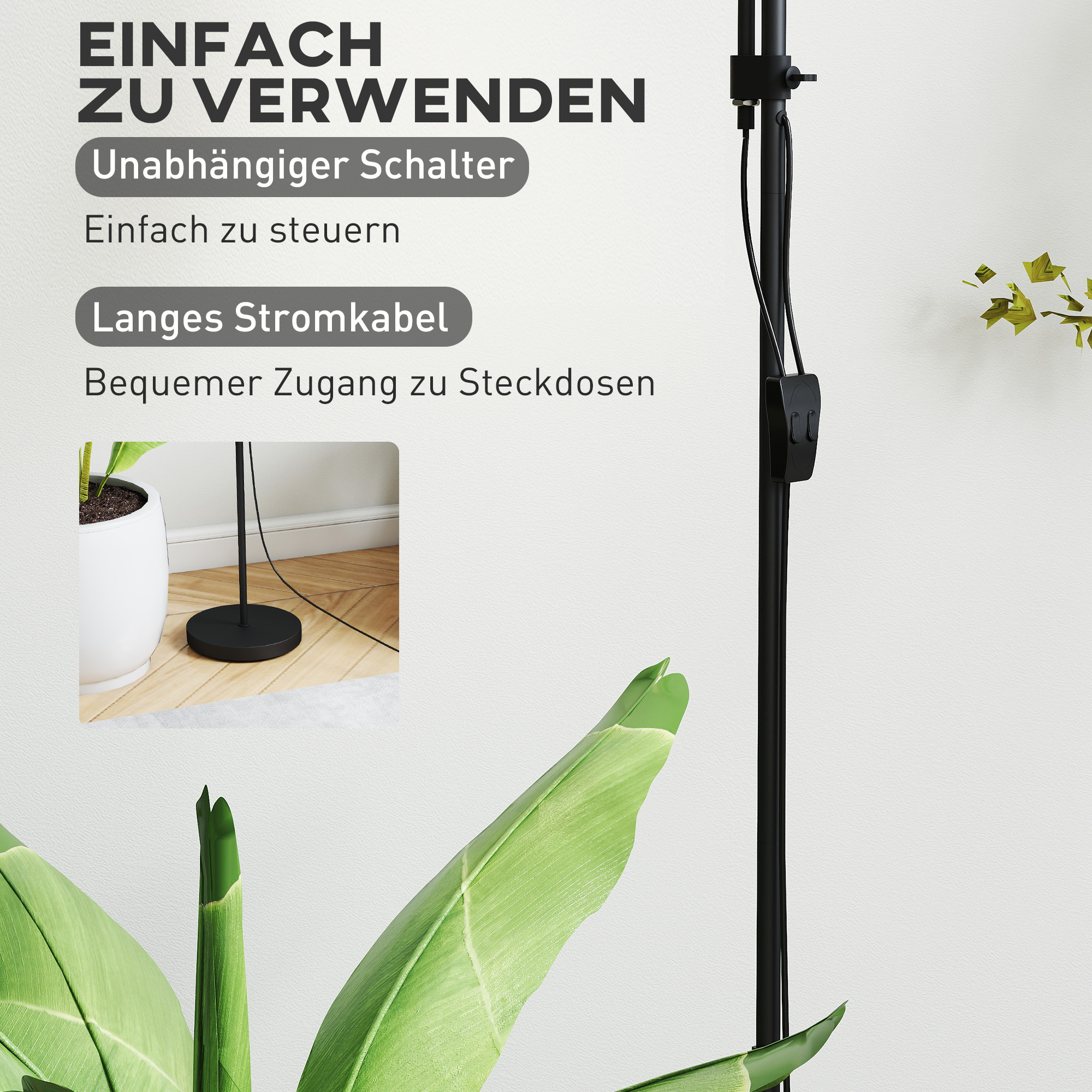 Uplighter, Mutter-und-Kind-Stehlampe, hohe Lampe mit 3 Farbtemperaturen und flexiblem Schwanenhals, Schwarz