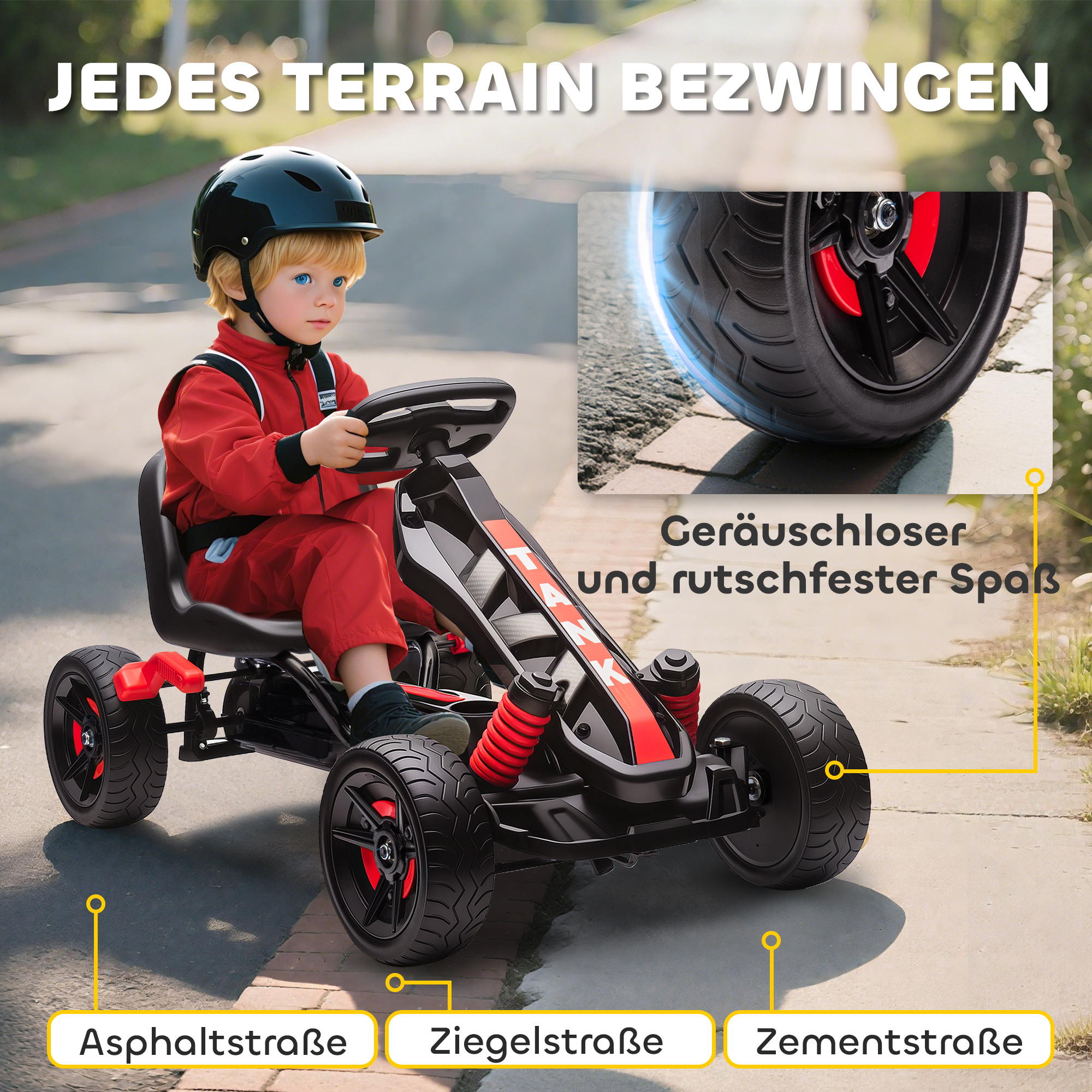 Gokart mit Pedalen, Tretauto für Kinder mit Bremse, rutschfeste Räder, Metallrahmen, 3-6 Jahre, Rot