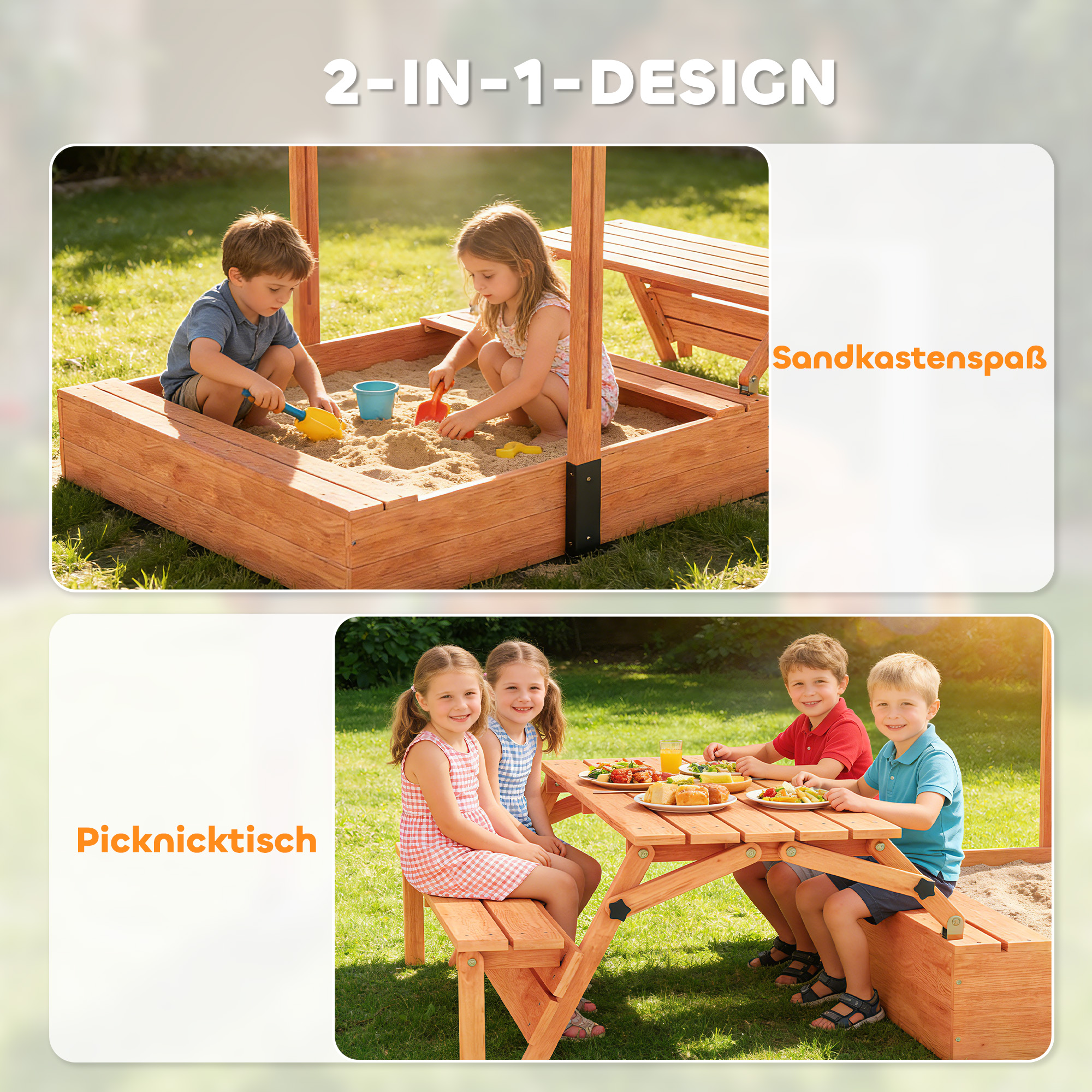 Sandkasten mit Dach Sandkiste aus Holz mit klappbarem Picknicktisch Sitzbänken für 3-8 Jahre 184 x 110 x 120 cm Braun