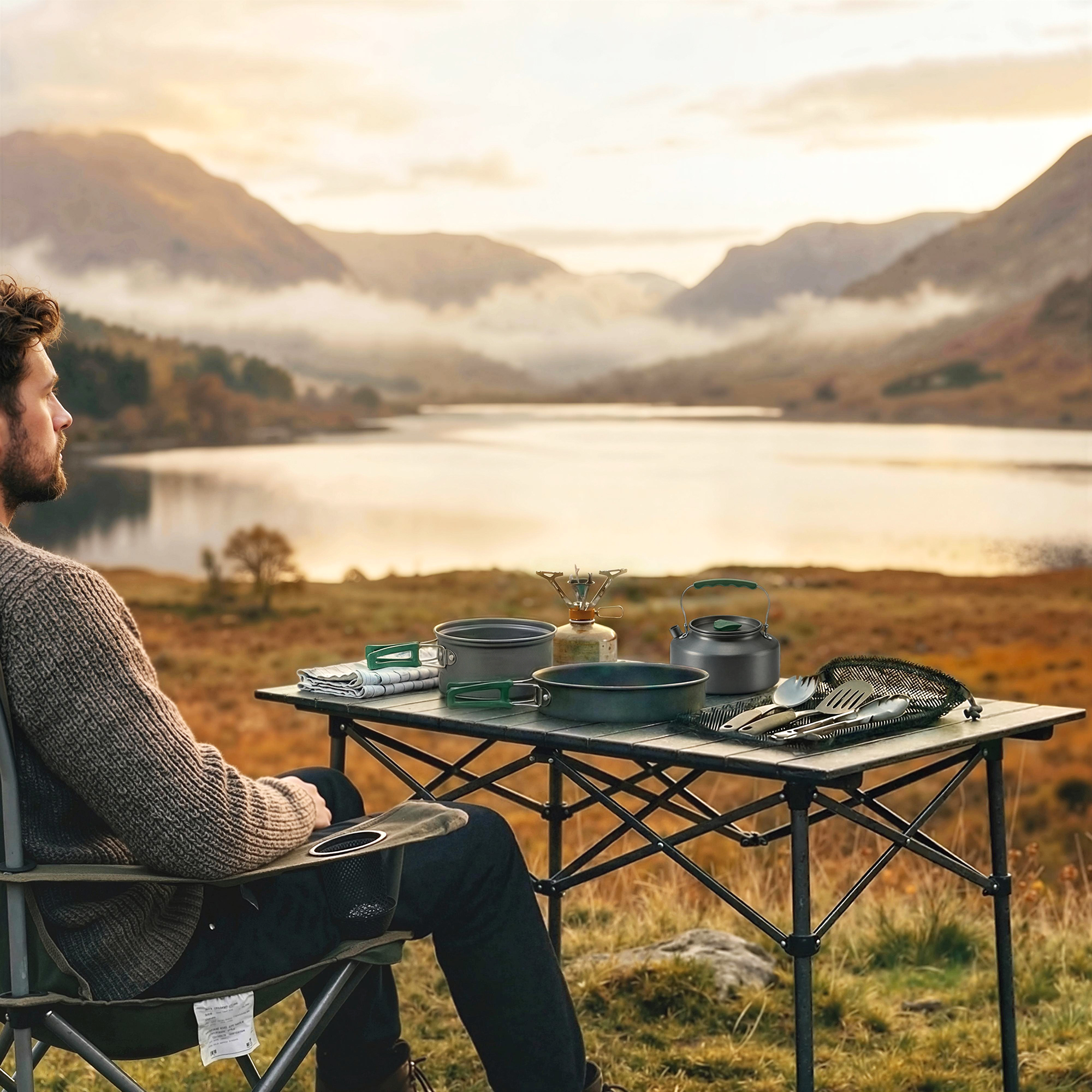 Camping Kochgeschirr Set 8-teiliges Outdoor Geschirr Set mit Anti-Verbrühungsgriffen schnell erhitzend Topf Pfanne Grau