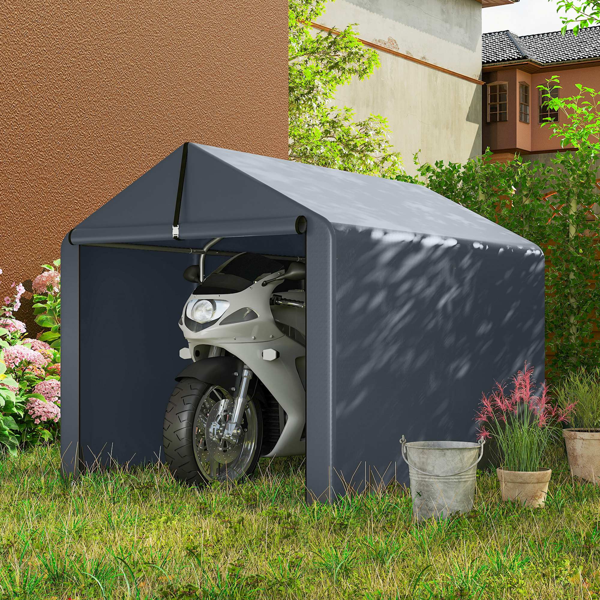 Garagenzelt 2,2 x 1,6 m Wasserdicht Gerätezelt mit Rolltür Satteldach Stahlrahmen, UV-beständig Dunkelgrau