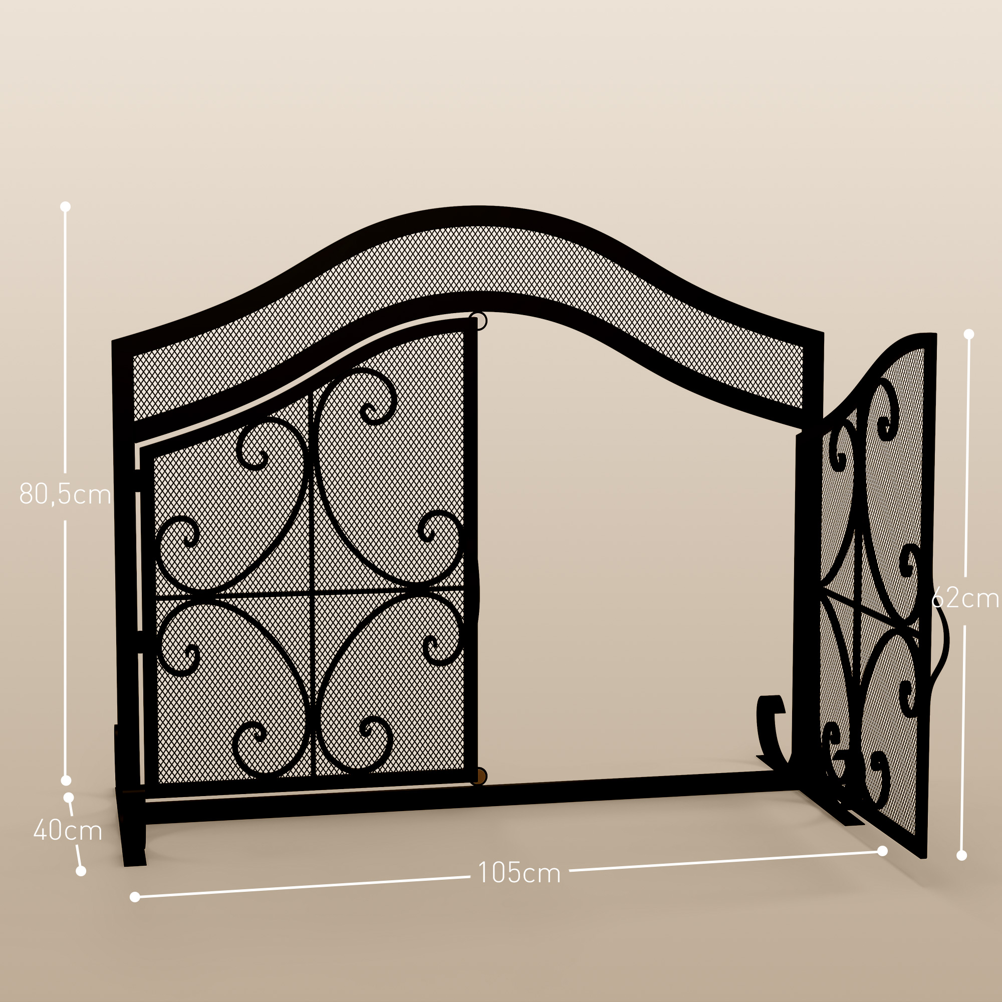 Funkenschutz für Kamine, elegantes Muster, doppeltürig, magnetische Türen, Schwarz, 105 x 40 x 80,5 cm