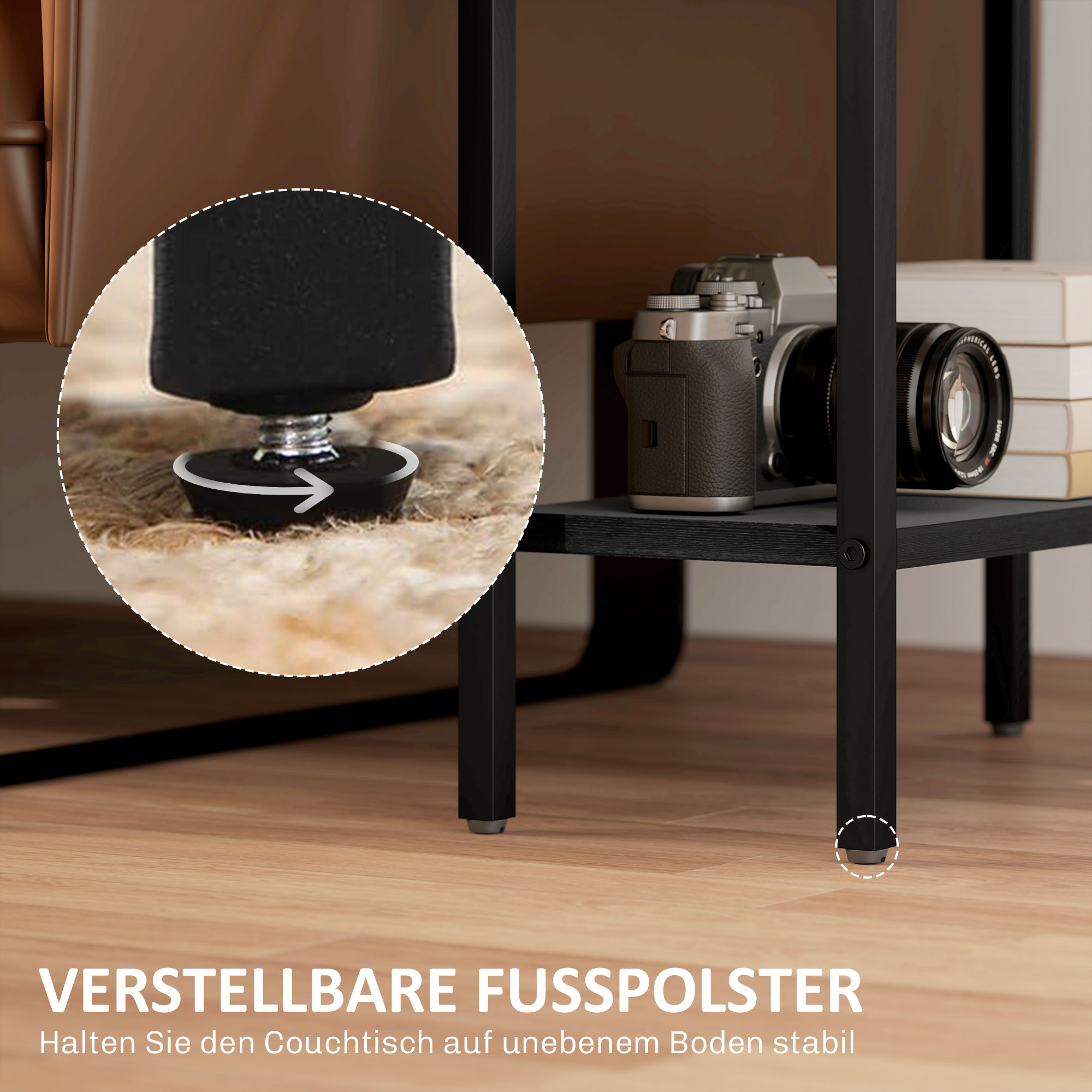 Beistelltisch, 3-stufiges Design, Regale in Holzoptik, Metallrahmen, Schwarz