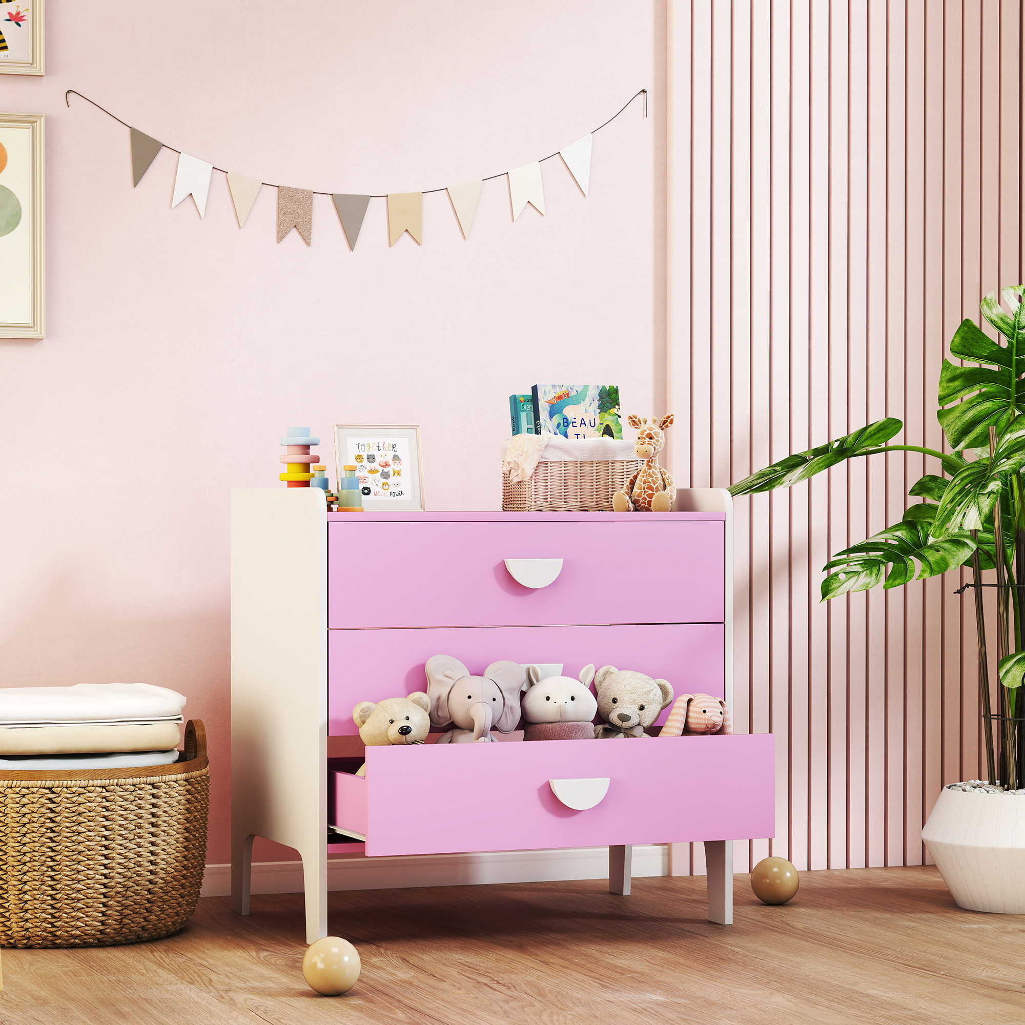 Kinder-Kommode mit 3 Schubladen, MDF, Aufbewahrungsschrank für Kinder, Rosa+Weiß