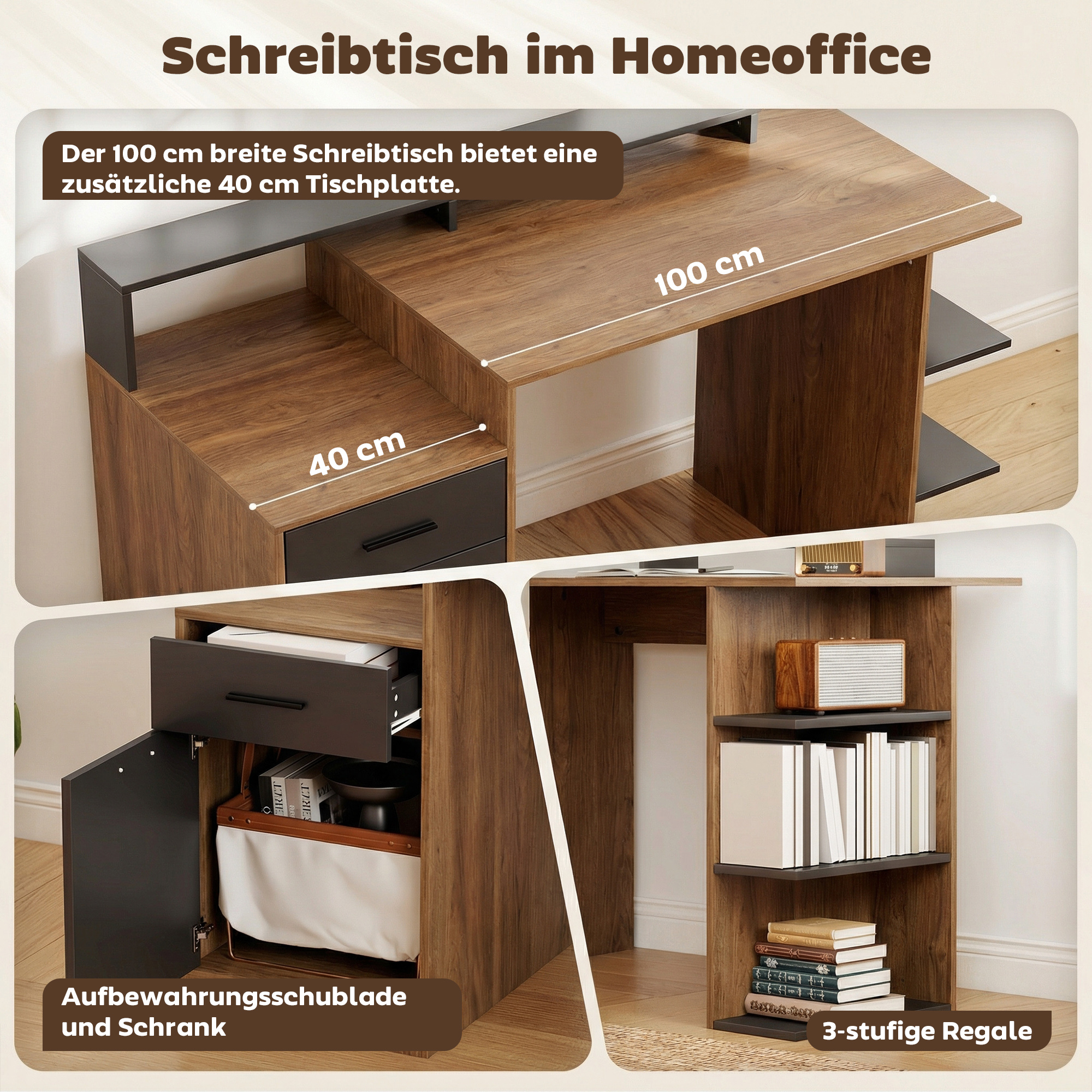 Computertisch mit Stauraum und Regalen, Moderner Schreibtisch für Büro und Arbeitszimmer, 140 cm, Eiche