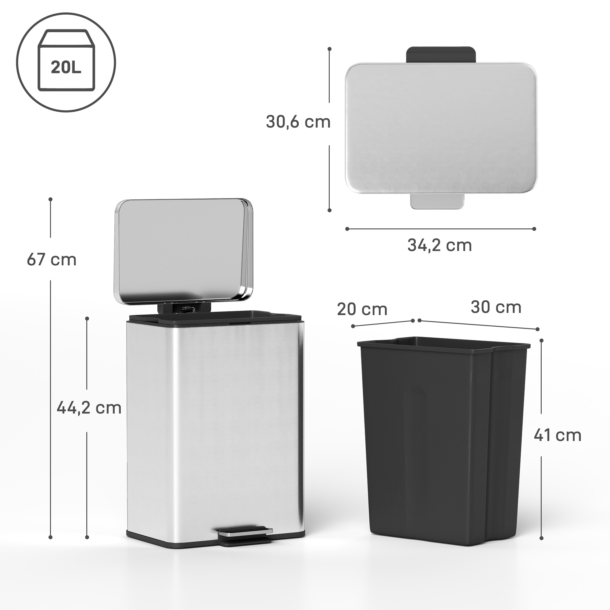 Mülleimer 20 L Treteimer mit Softclose-Deckel, Pedal, abnehmbar Inneneimer Silber, 34,2 x 30,6 x 44,2 cm
