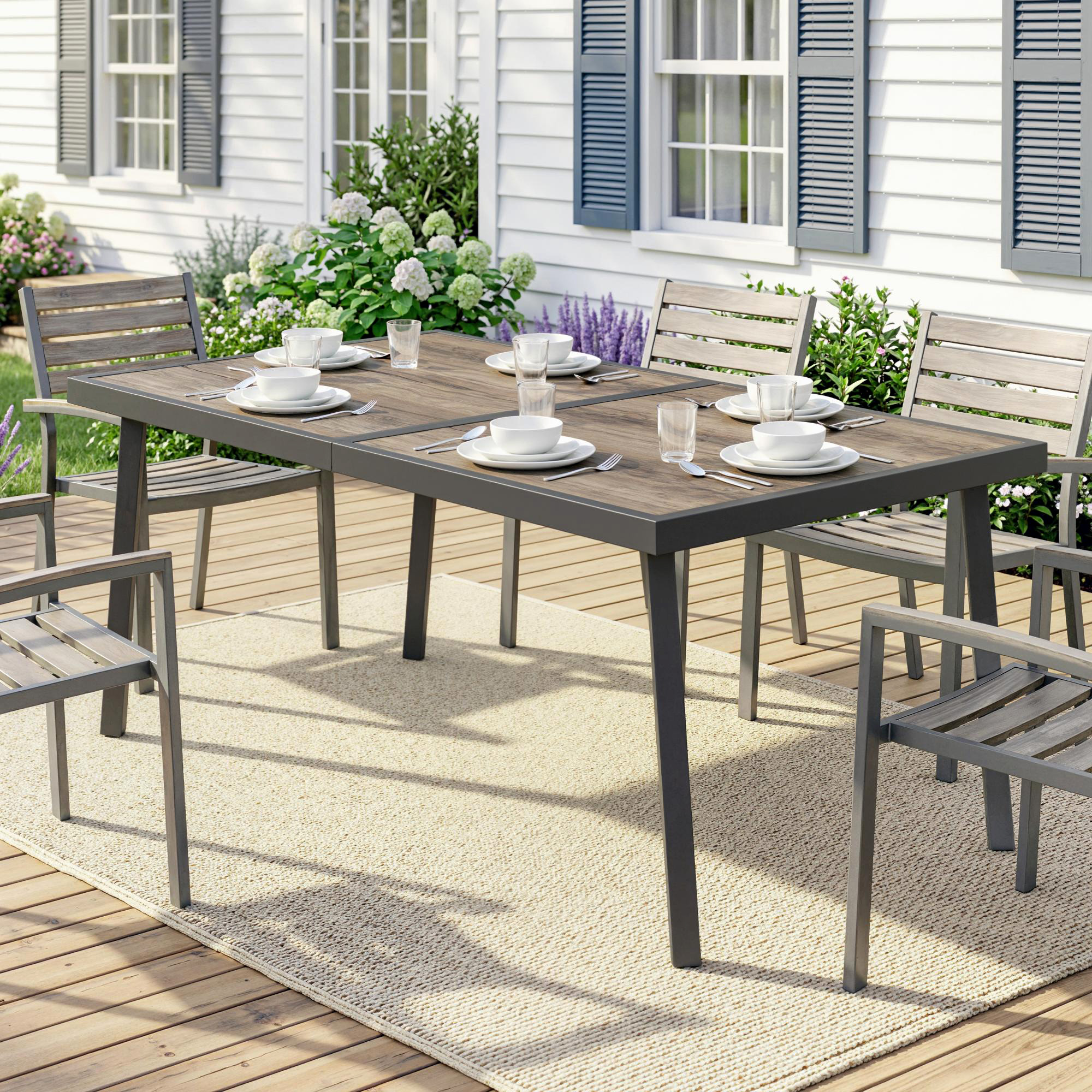 Outdoor Tisch für 6 Personen, Holzoptik, Metallrahmen, wetterfest, 145 x 85 x 72 cm, Grau