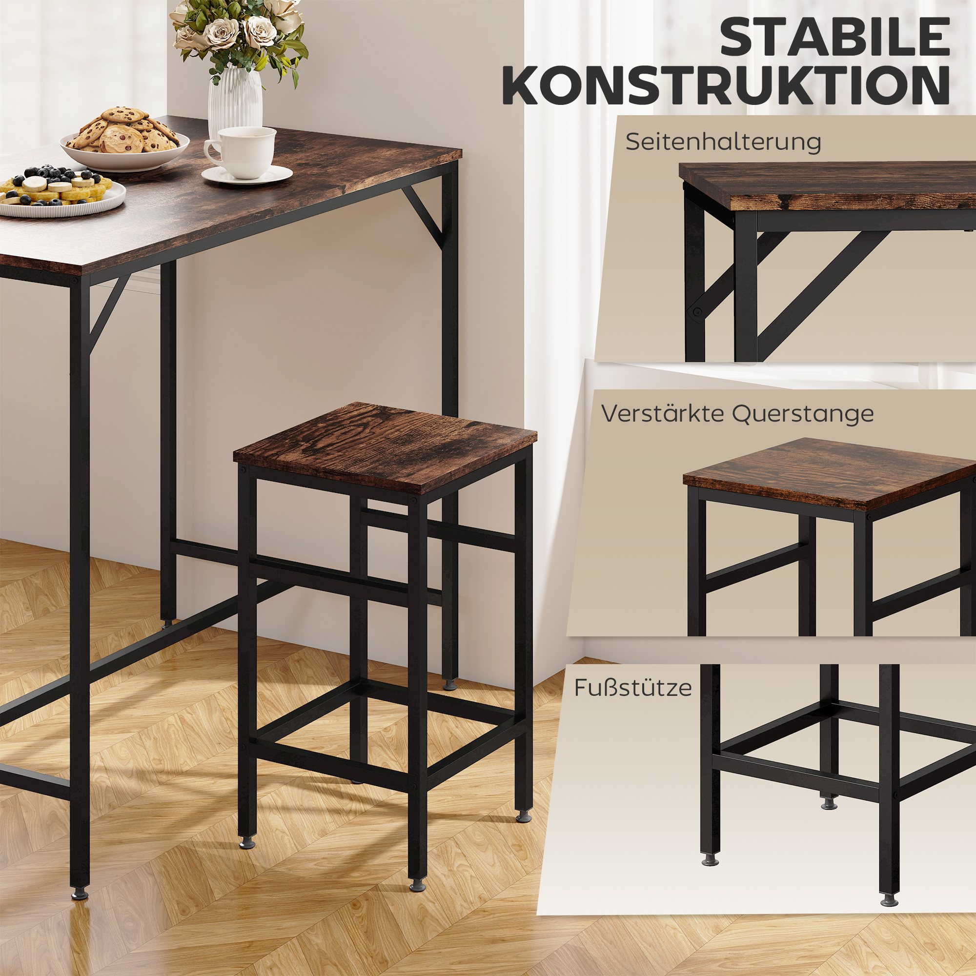 5-teiliges Bartisch Set Bartisch mit Barhocker-Set Esstisch mit 4 Stühlen Küchentisch für Esszimmer, Küche, Rustikal-Braun+Schwarz