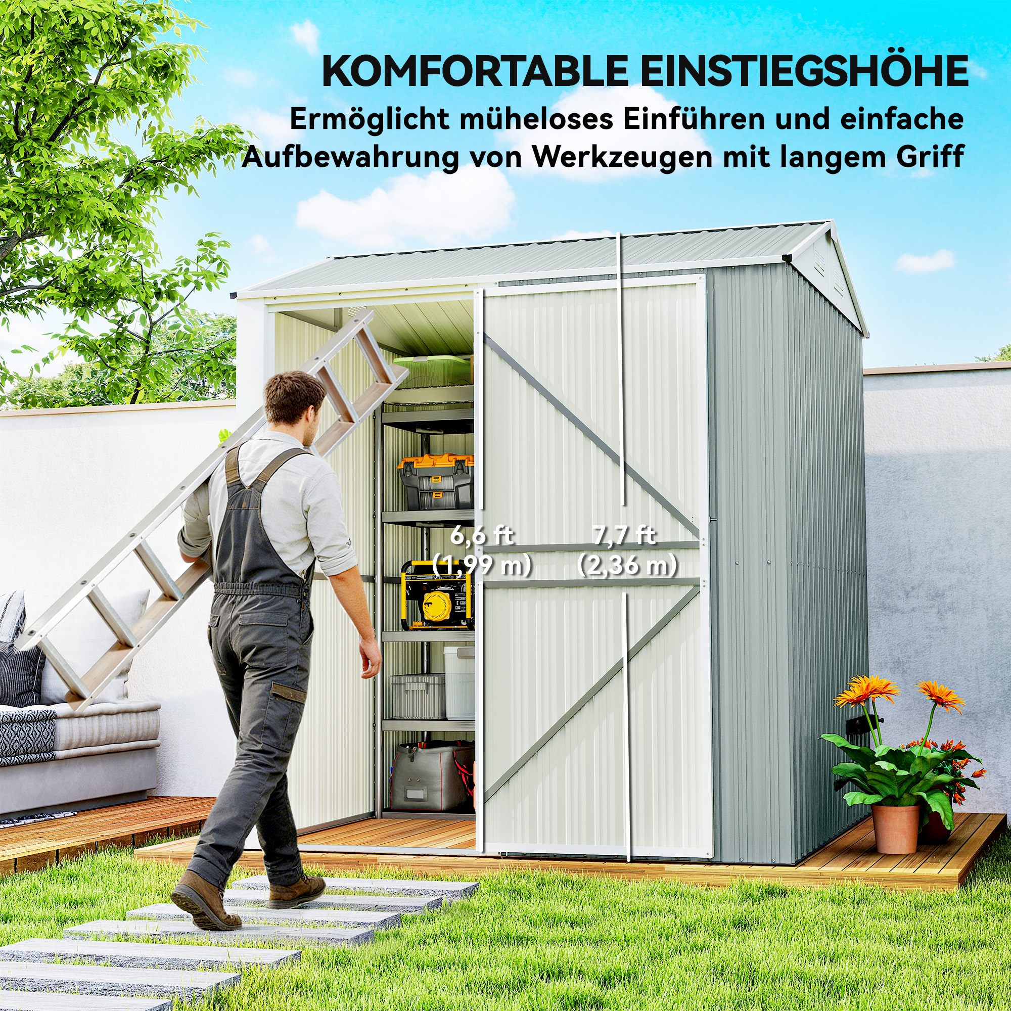 Metall Gerätehaus 3,5 m², Hoher Abschließbar Geräteschuppen mit Sattedach Lüftungen Handschuhen, 209 x 177 x 236 cm