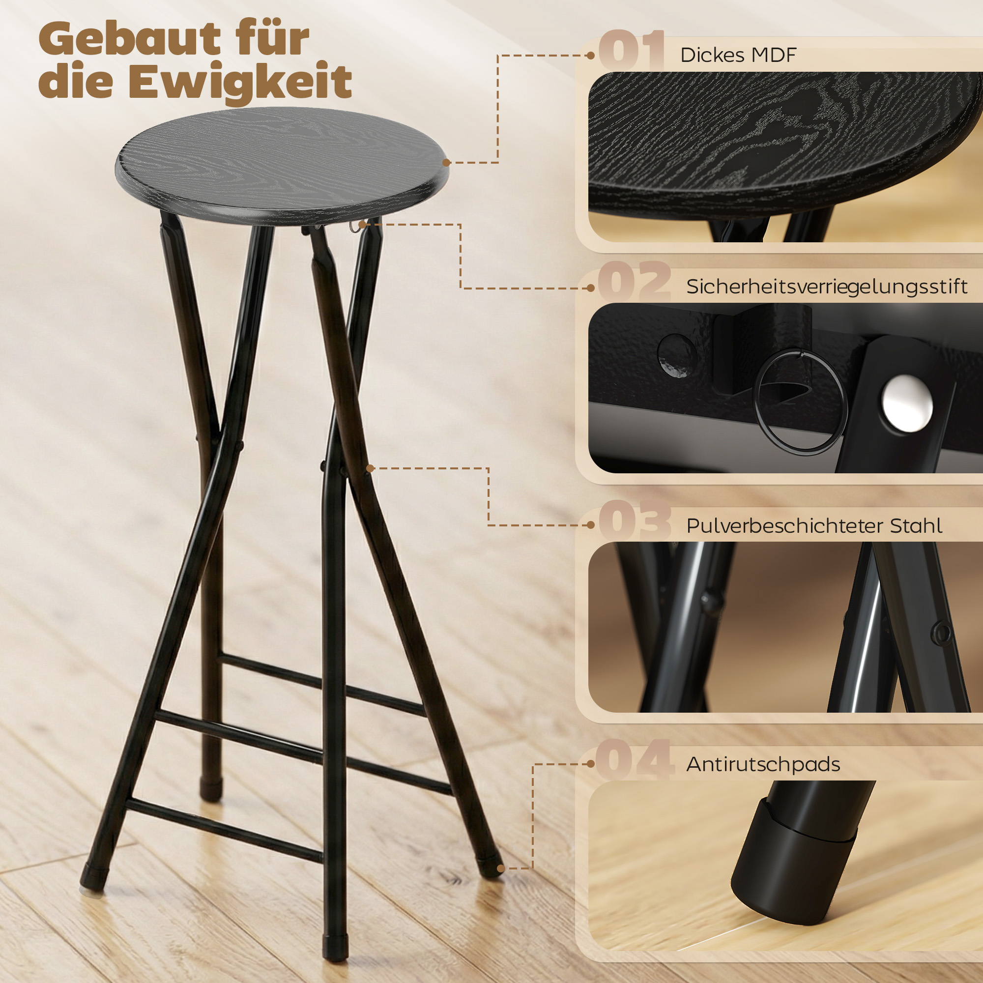 Barhocker 2er Set, Klappbar Barstuhl mit Stahlgestell, Küchenstühle mit doppelter Fußstütze 34 x 30 x 70 cm Schwarz