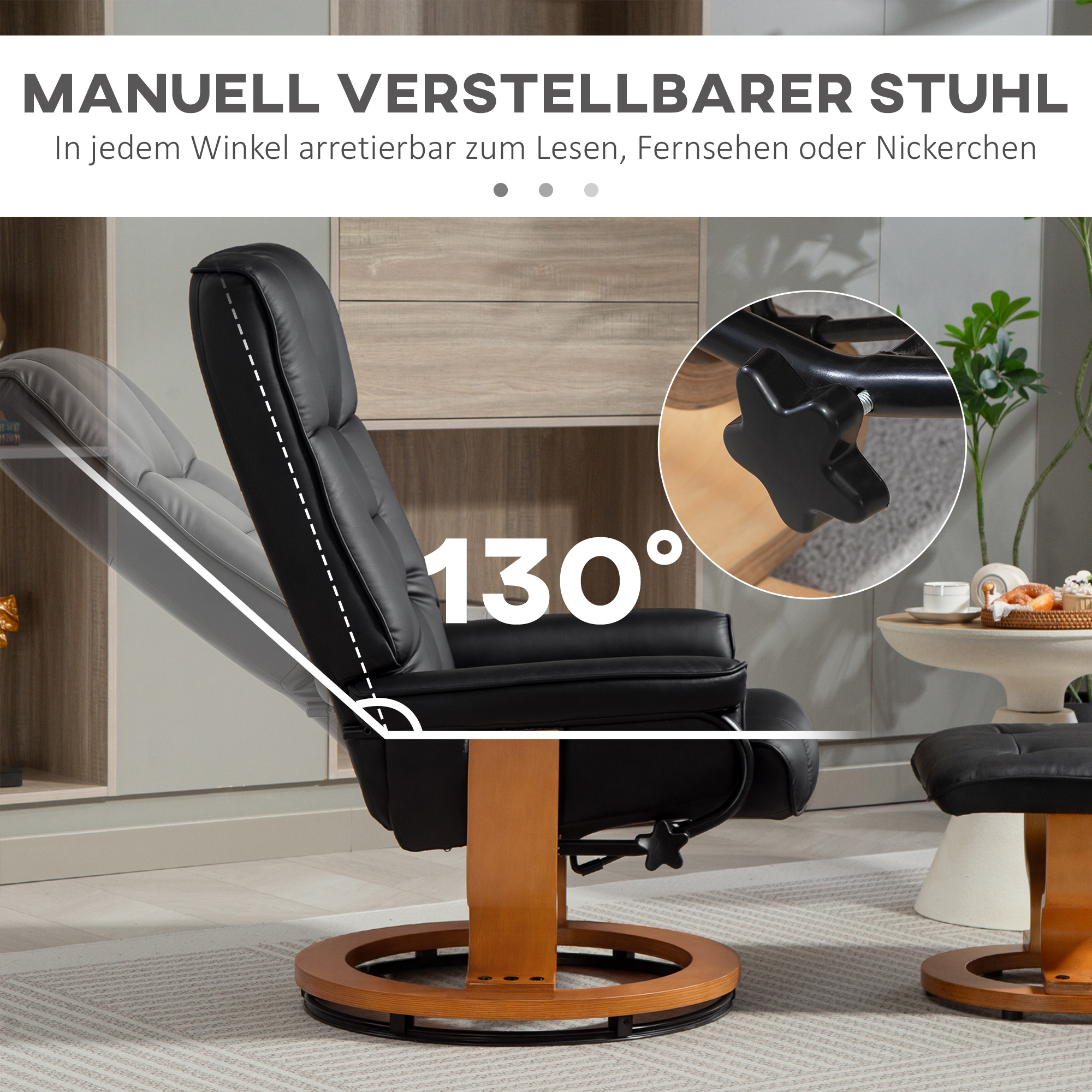Relaxsessel mit Hocker, drehbar & neigbar, Kunstlederbezug, bis 150 kg, Holzgestell, Schwarz