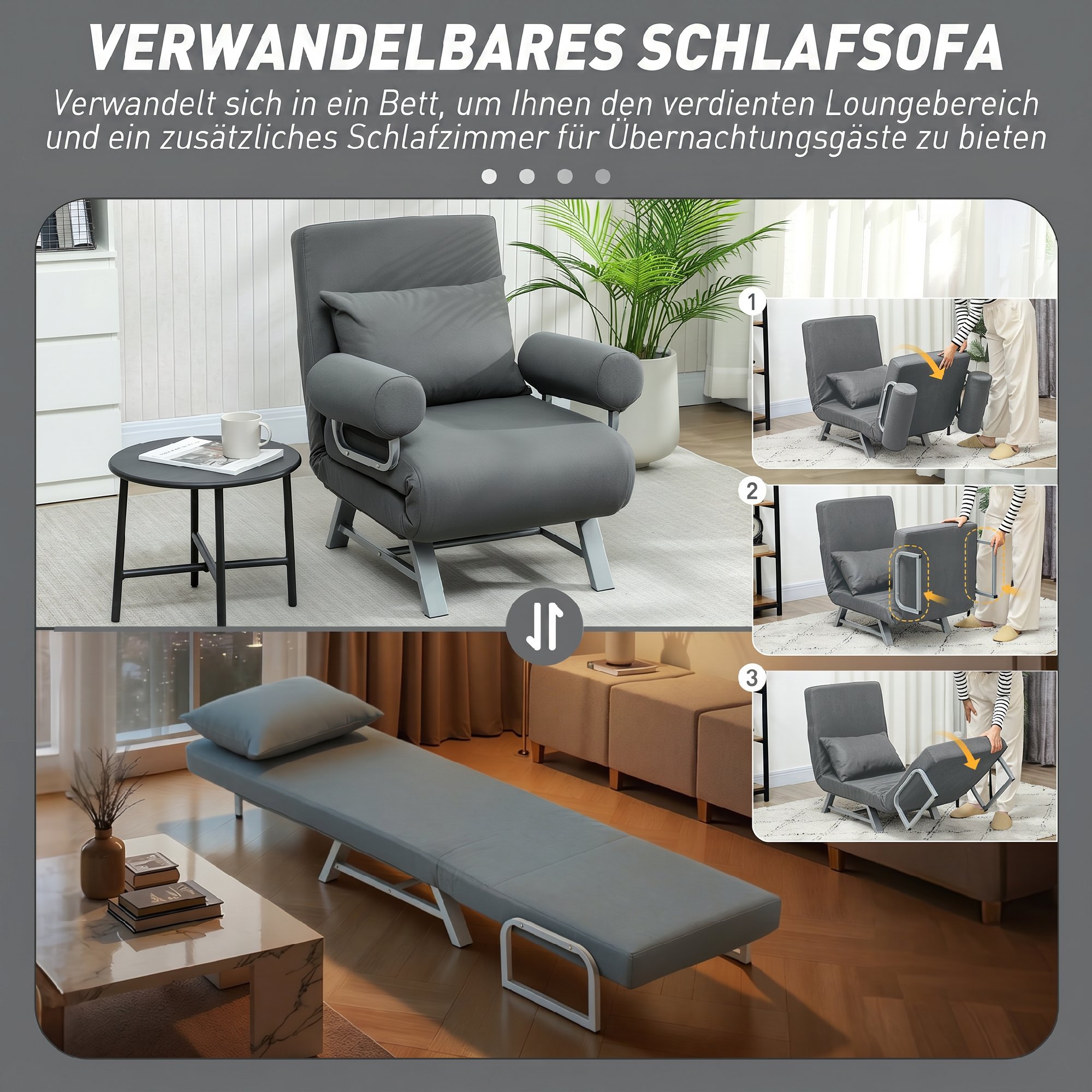Schlafsessel, Polstersessel, zum Gästebett umwandelbar, ergonomisch, Dunkelgrau