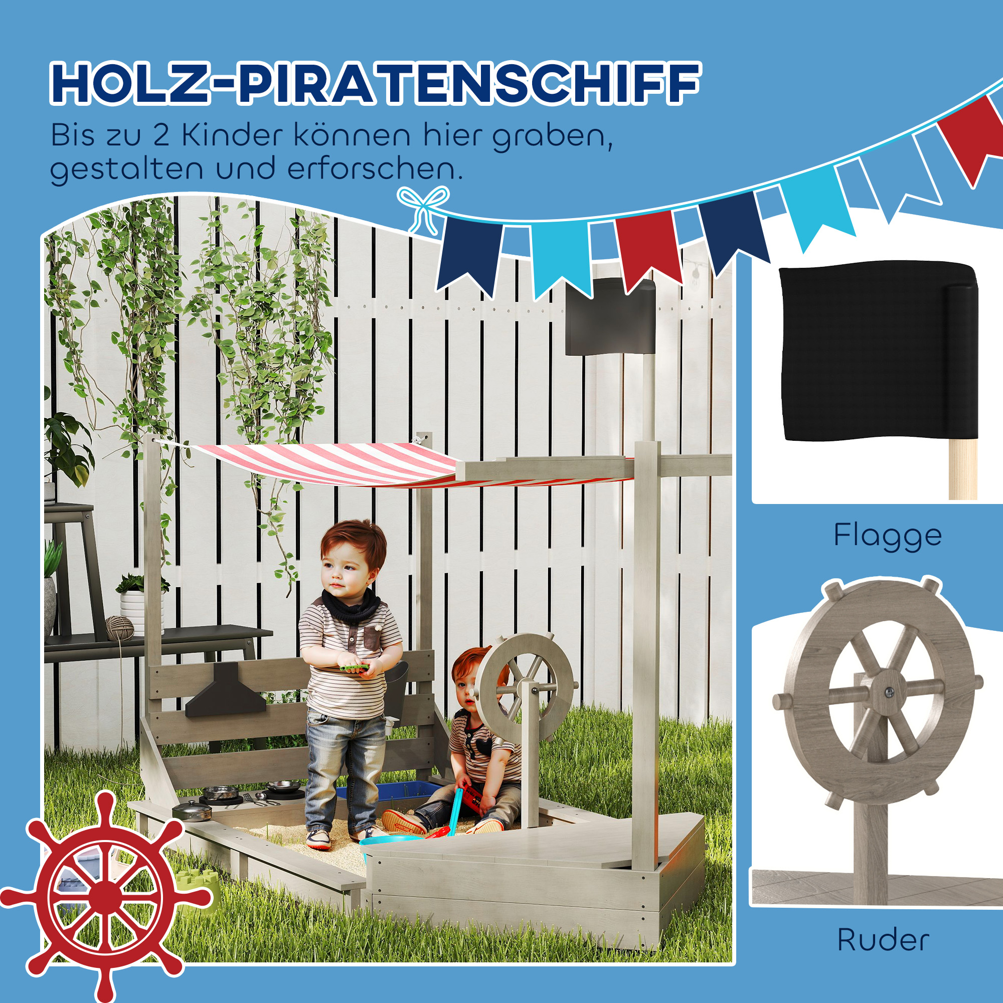 Sandkasten mit Sonnendach Piratenschiff, inkl. Kinderküchenspielset, Massivholz, 180 x 103 x 144,5 cm, Grau