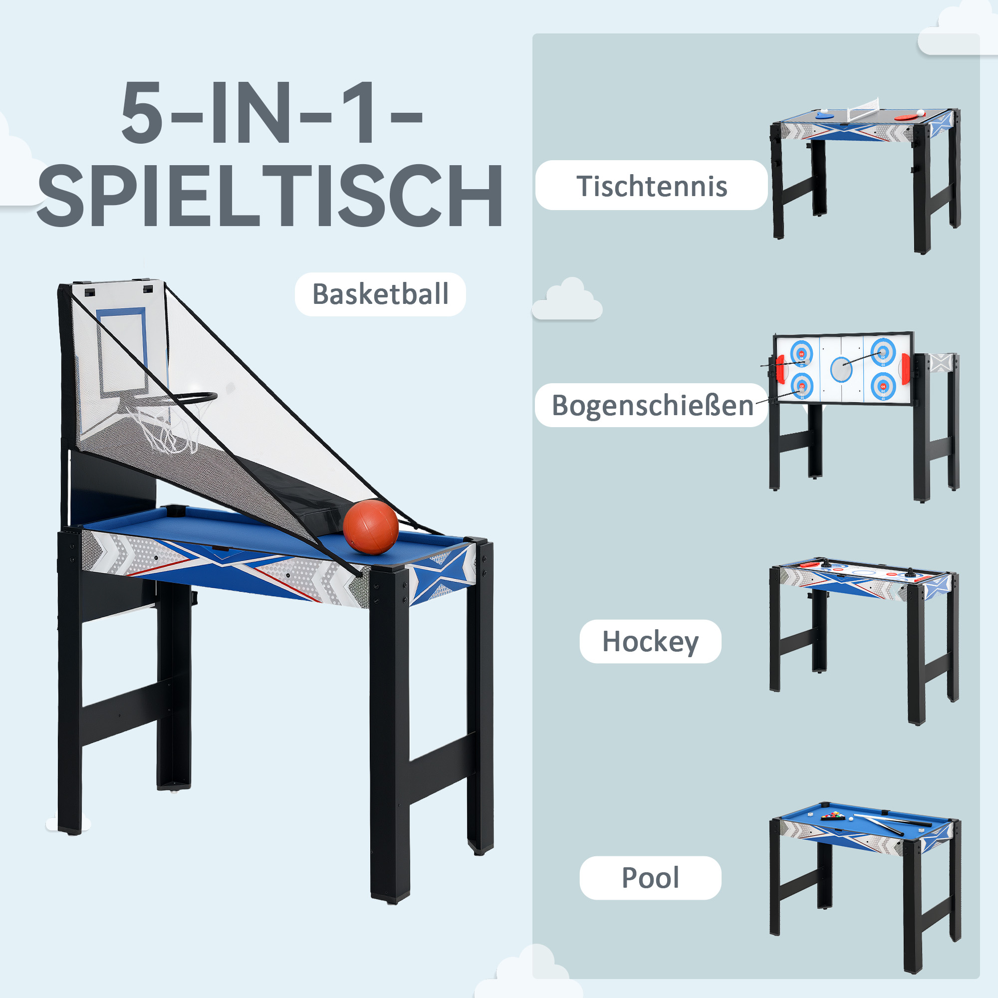 5-in-1-Spieletisch, Billard, Tischtennis, Hockey, Basketball, Bogenschießen, Zubehör inklusive, MDF, Kunststoff, Blau