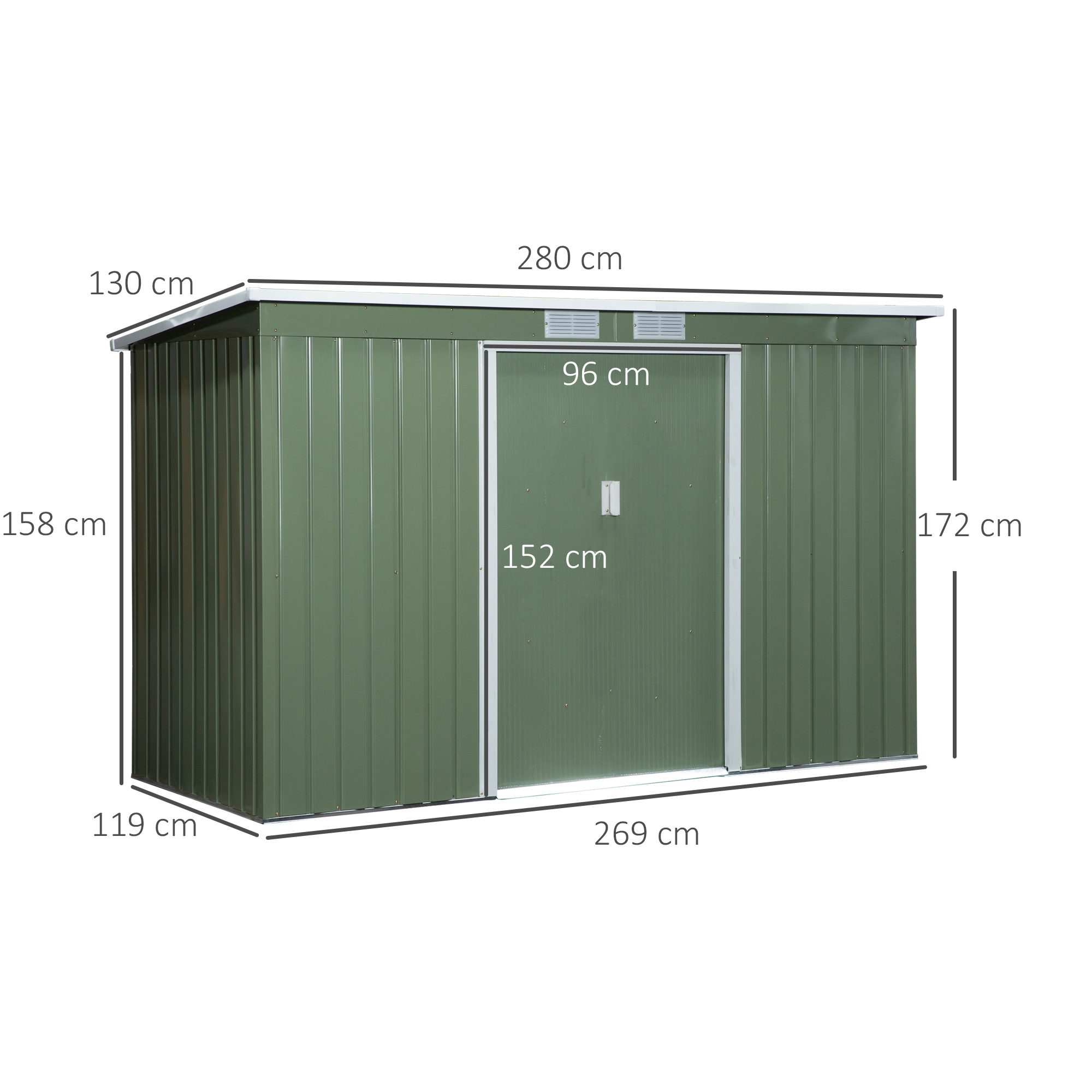 Metall Gerätehaus 6,3m³ 280x130x172cm Geräteschuppen mit Pultdach Schiebetür wetterfest Gartenhaus Outdoor Garten Schuppen Schrank für Hinterhof Außenbereich Anthrazit, Hellgrün