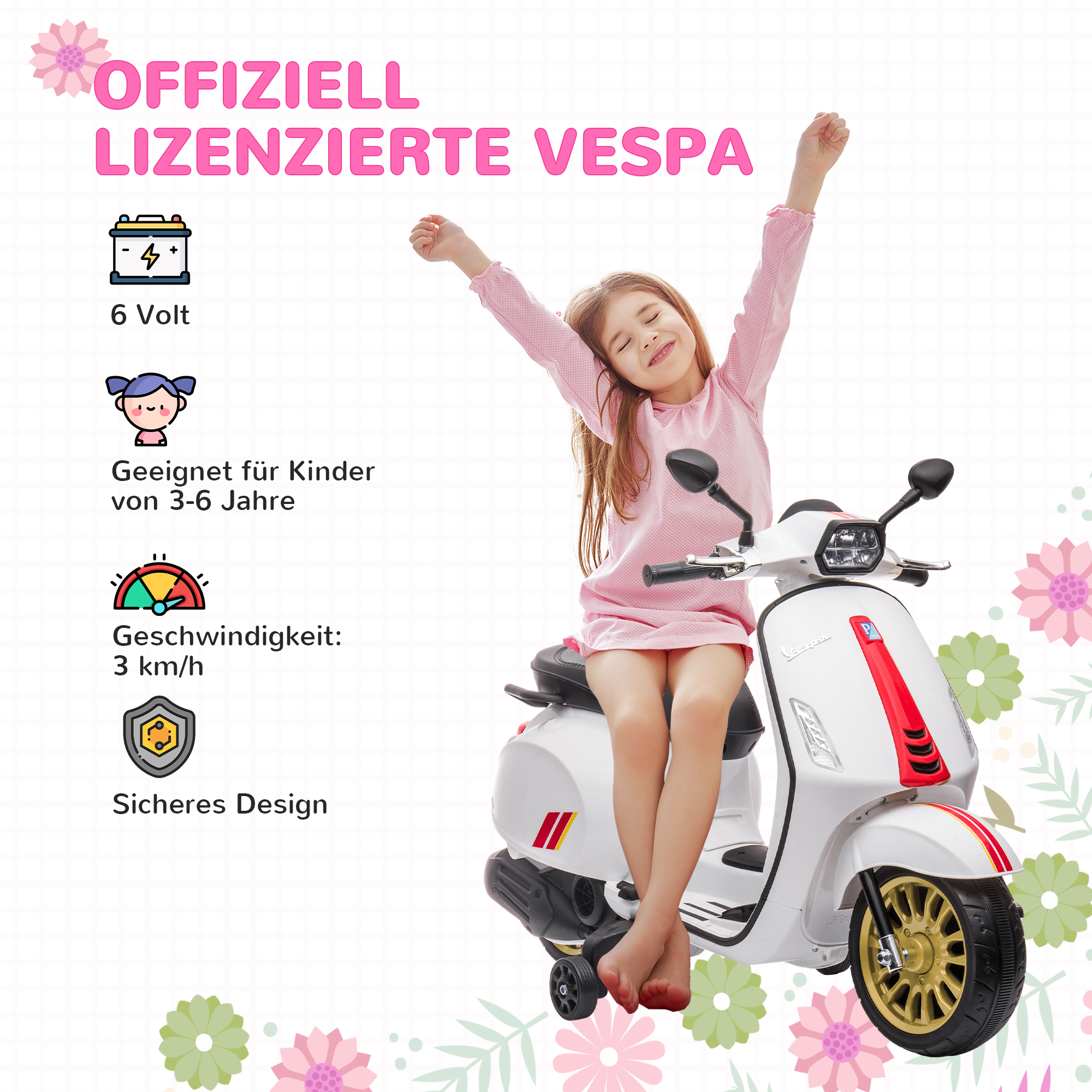 Elektro-Kindermotorrad, Vespa, 3 km/h, 3-6 Jahre, Musik, Licht & Radio, Weiß