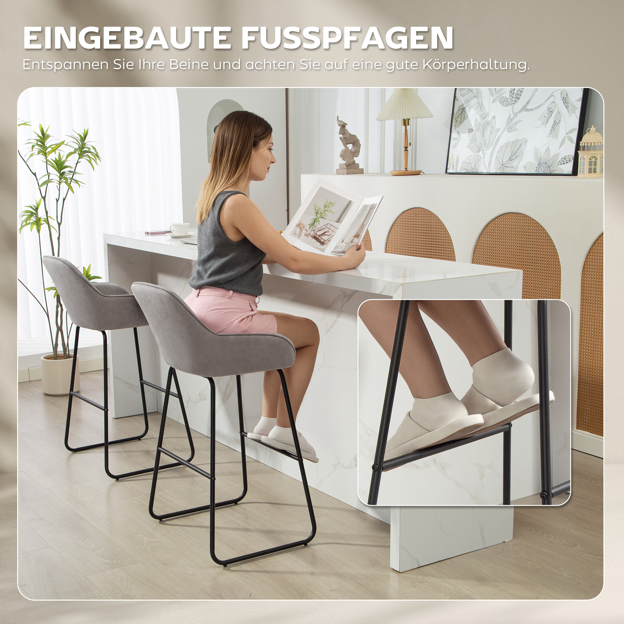 2er-Set Barstühle, Barhocker mit Stoffbezug und Schaumstoffpolsterung, Polsterhocker mit Metallbeinen, Grau