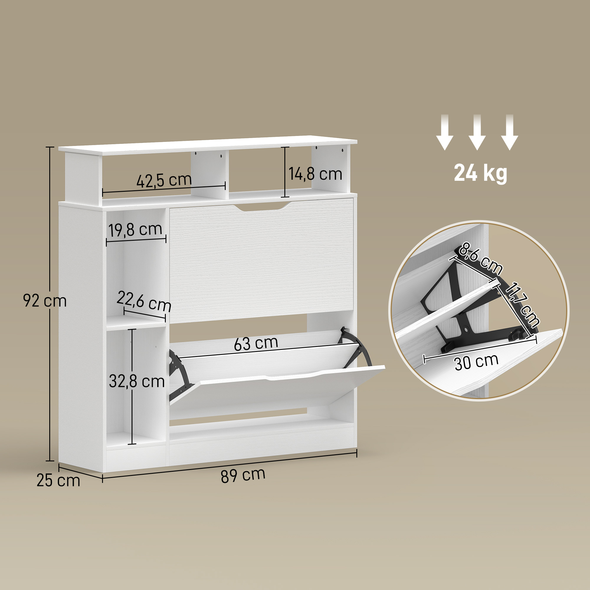 Schuhschrank mit 2 Klappen Schuhkipper mit Verstellbar Trennwand, offenem Fach für 12 Paar Schuhe 89 x 25 x 92 cm Weiß