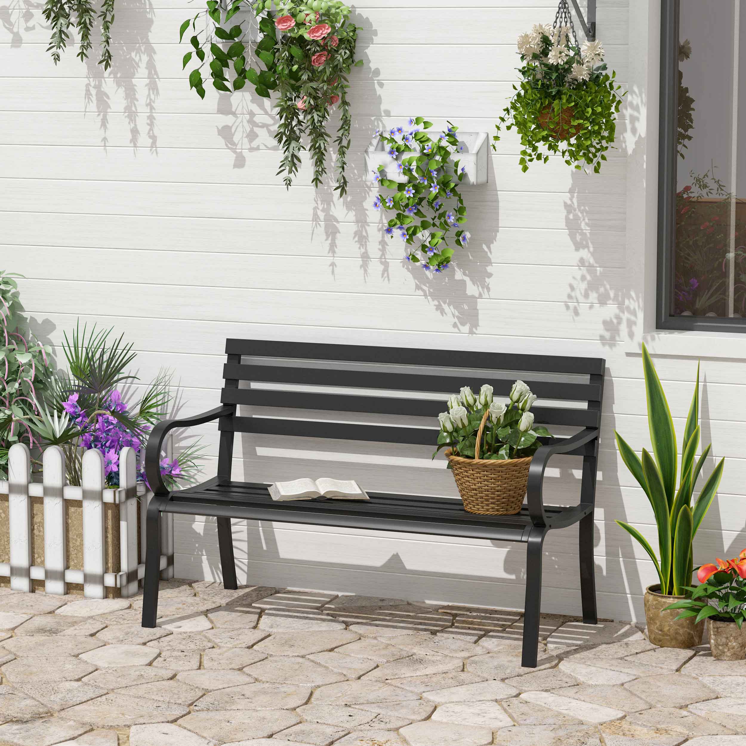 2-Sitzer Gartenbank Sitzbank 240kg belastbar Bank Gartenmöbel für den Innen- und Außenbereich geeignet 127 x 58 x 82 cm Schwarz