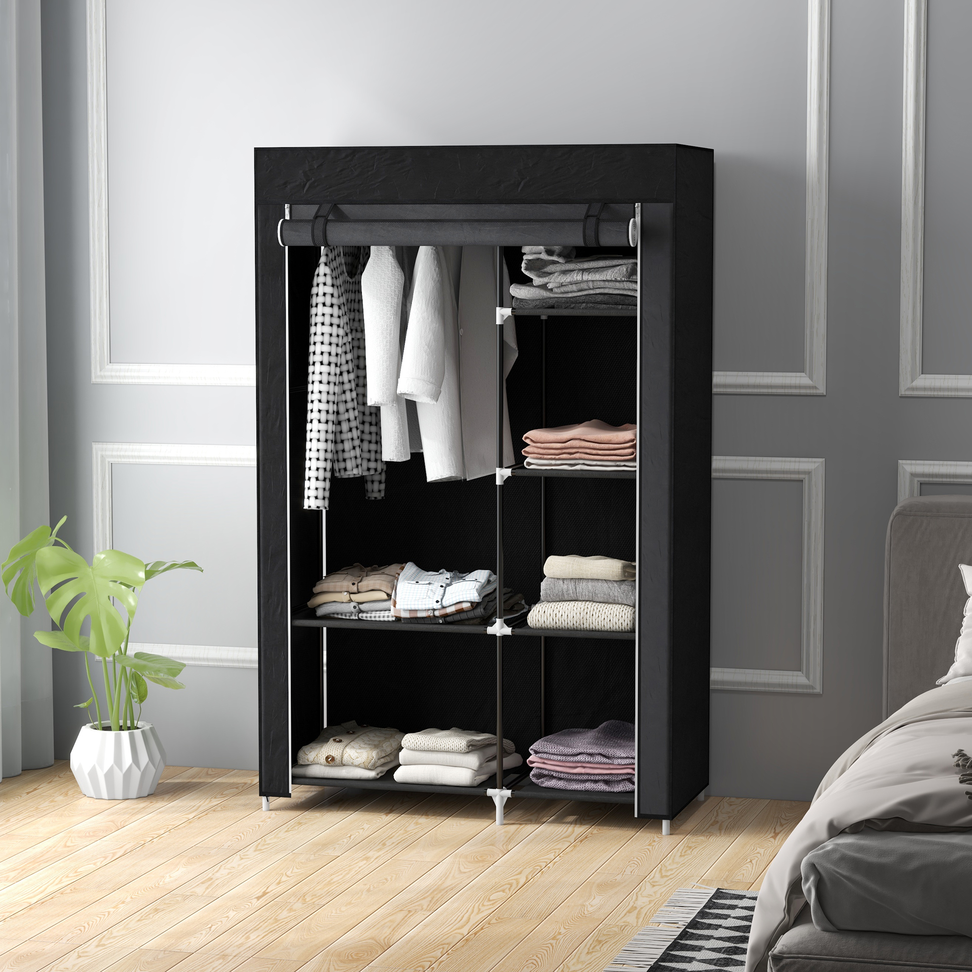 Schrank aus Stoff, Aufbewahrungslösung, 6 Regale, 1 Kleiderstange, Schwarz