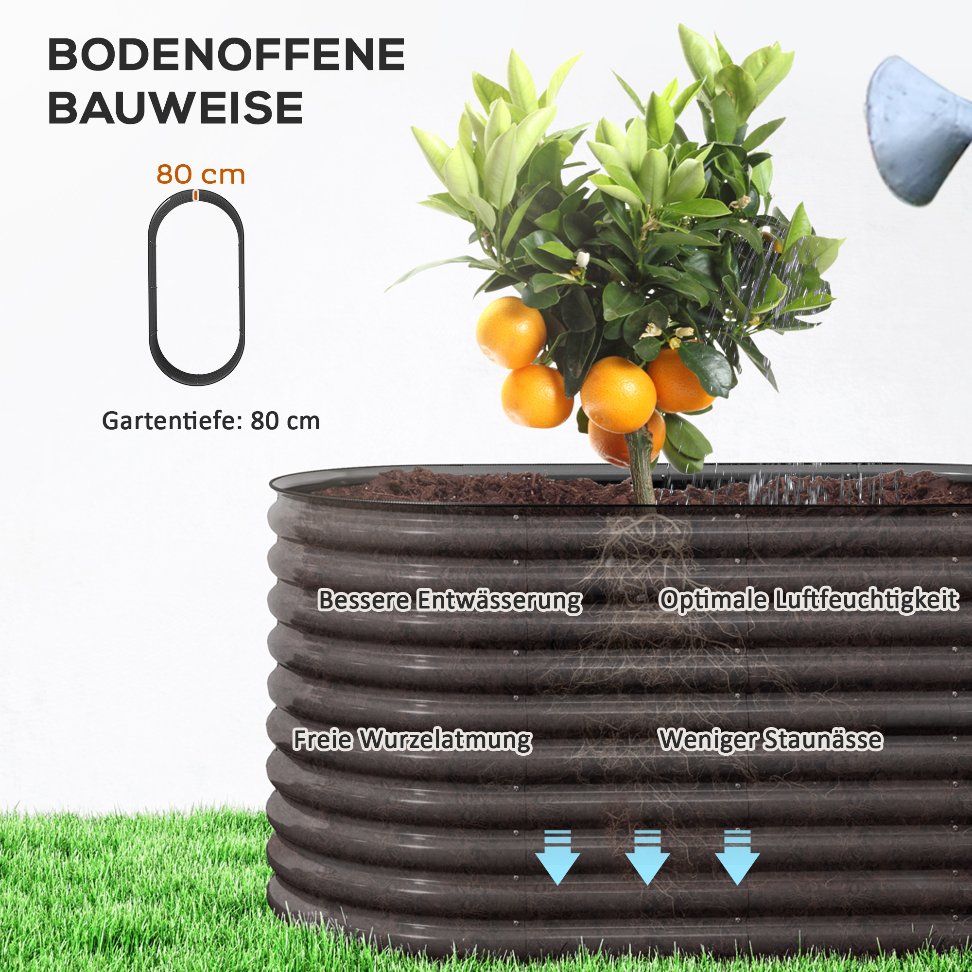 Pflanzkübel, Metall-Blumenkübel mit Sicherheitskante und Handschuhen, offener Boden, 160B x 80T x 80H cm, Dunkelgrau