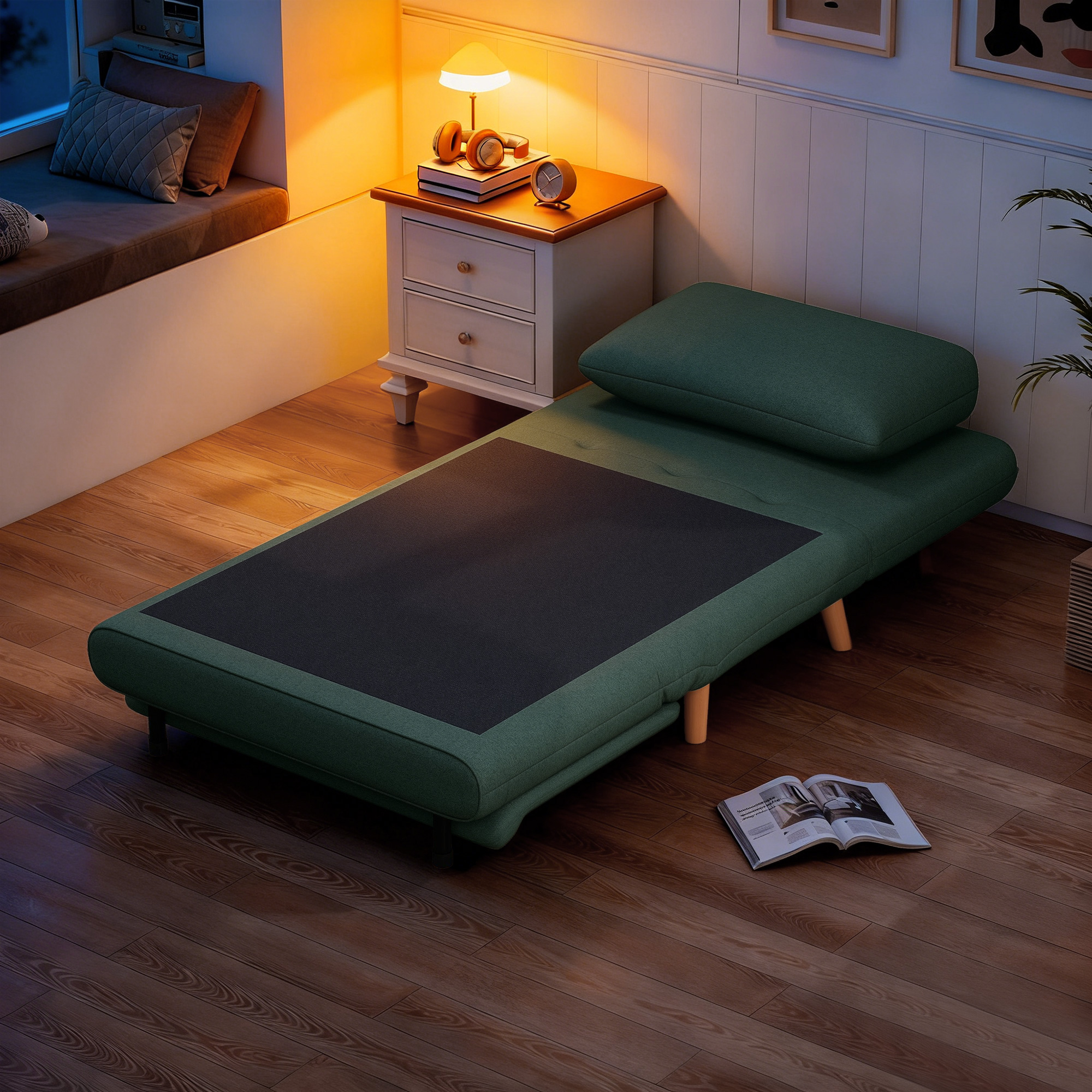 3-in-1 Schlafsessel mit Bett-Funktion, Liegesessel, verstellbare Rückenlehne, Buchenholzbeine, Kissen, Dunkelgrün