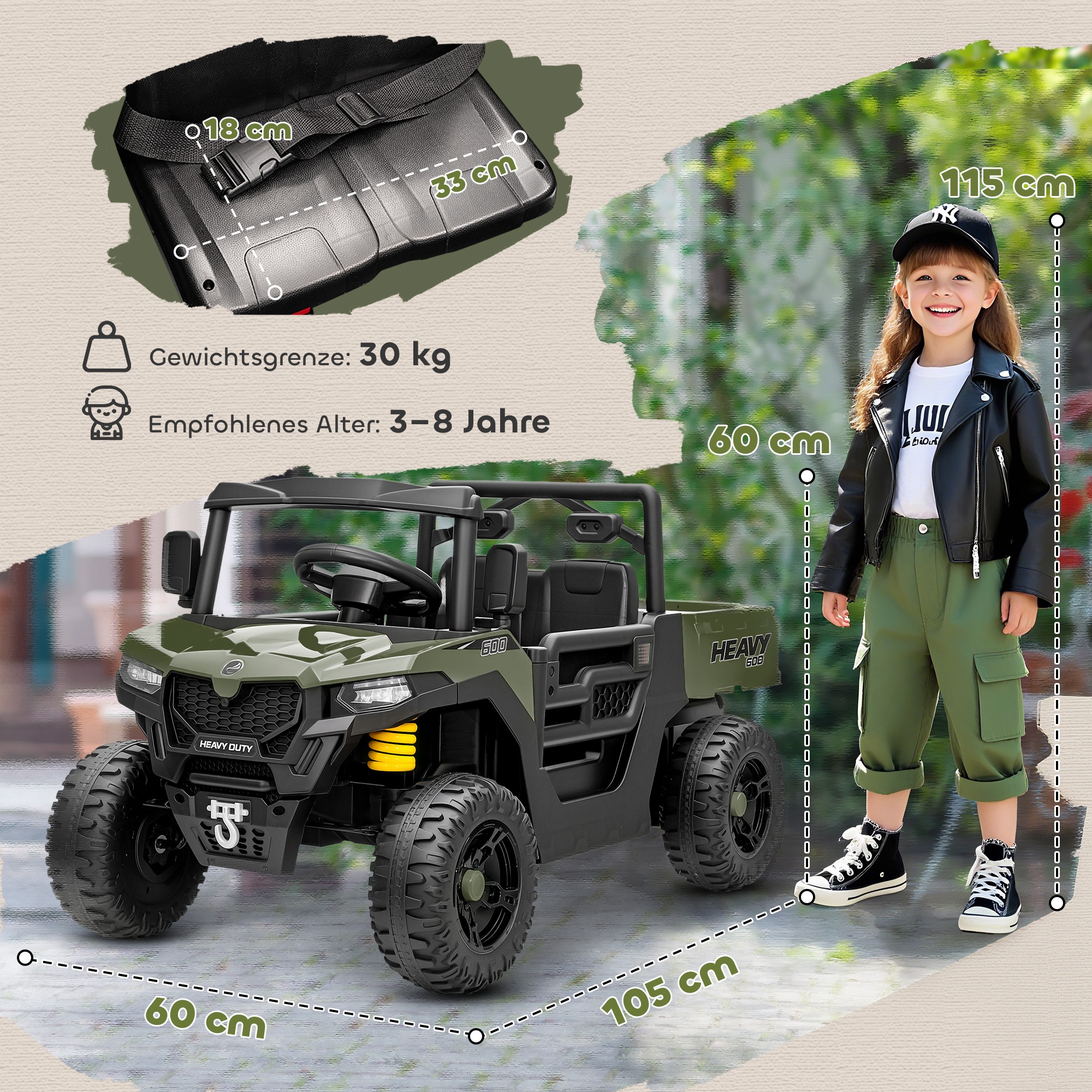 Elektrofahrzeug, 2 Motoren, Kofferraum, UTV-Design, Musikfunktion, Grün