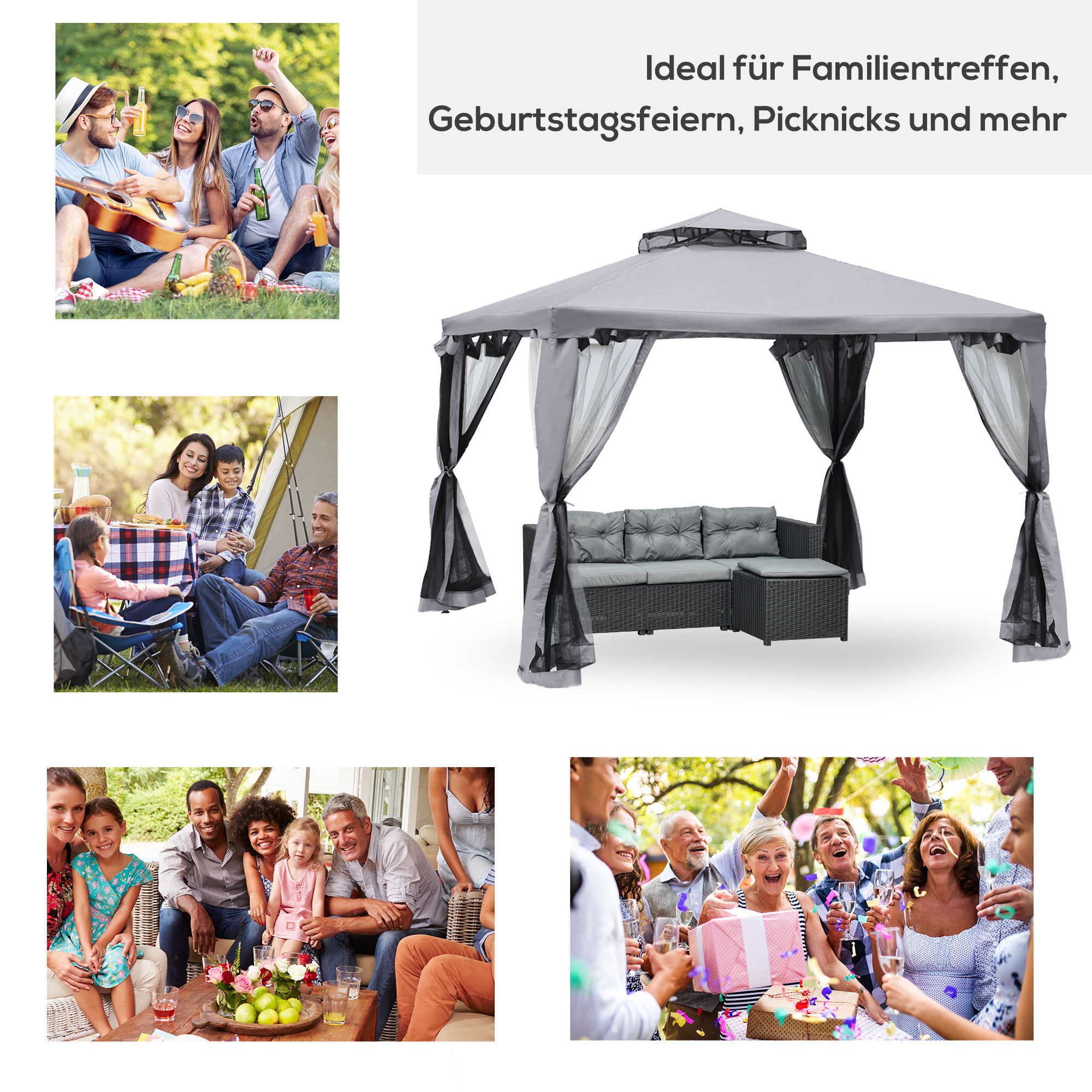 Pavillon mit Doppeldach, 3x2 m Wasserdicht Stabil Winterfest Gartenpavillon mit Moskitonetz, Seitenteile, Garten-Pavillon aus Metall, für Garten, Terrasse, Hellgrau